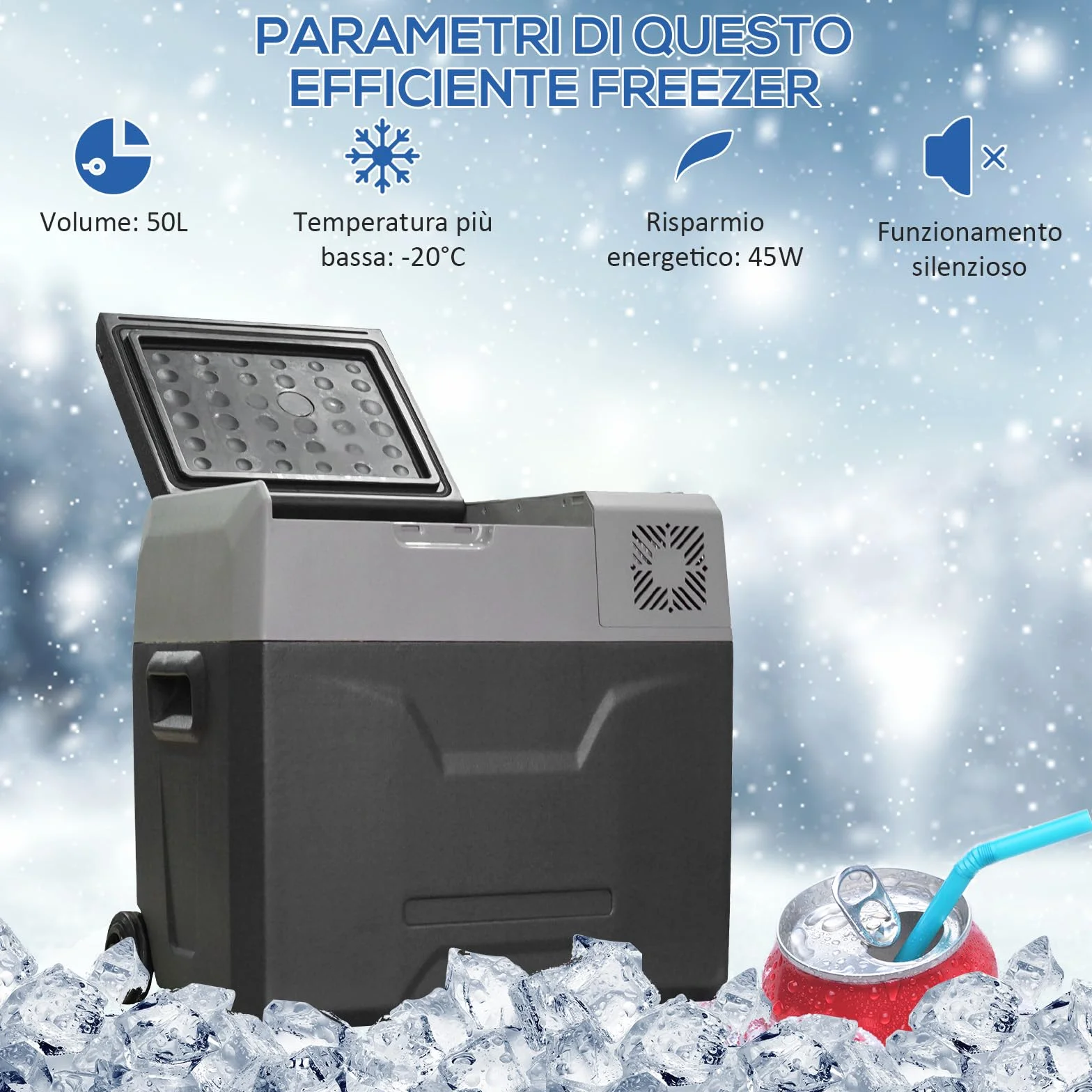 HOMCOM Frigorifero Portatile per Auto 50L 12/24V DC 110-240V AC, Frigo Portatile con Pannello Touch, Maniglia e 2 Rotelle, in Alluminio e Plastica, per Barca, Camper, 58.6x37.8x54.5 cm, Grigio