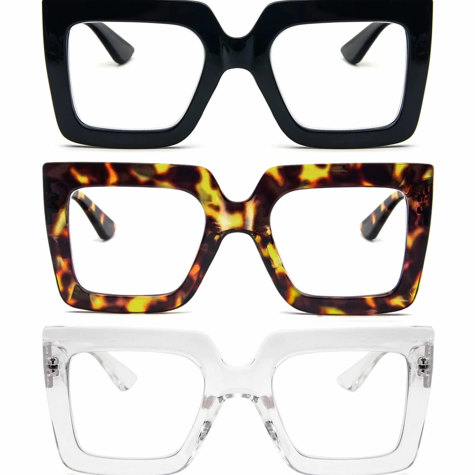 KoKoBin 3 Confezioni Occhiali da Lettura Donna Montatura Quadrata Blocco Luce Blu Nero Marrone Leopardo Trasparente 2 Diottria