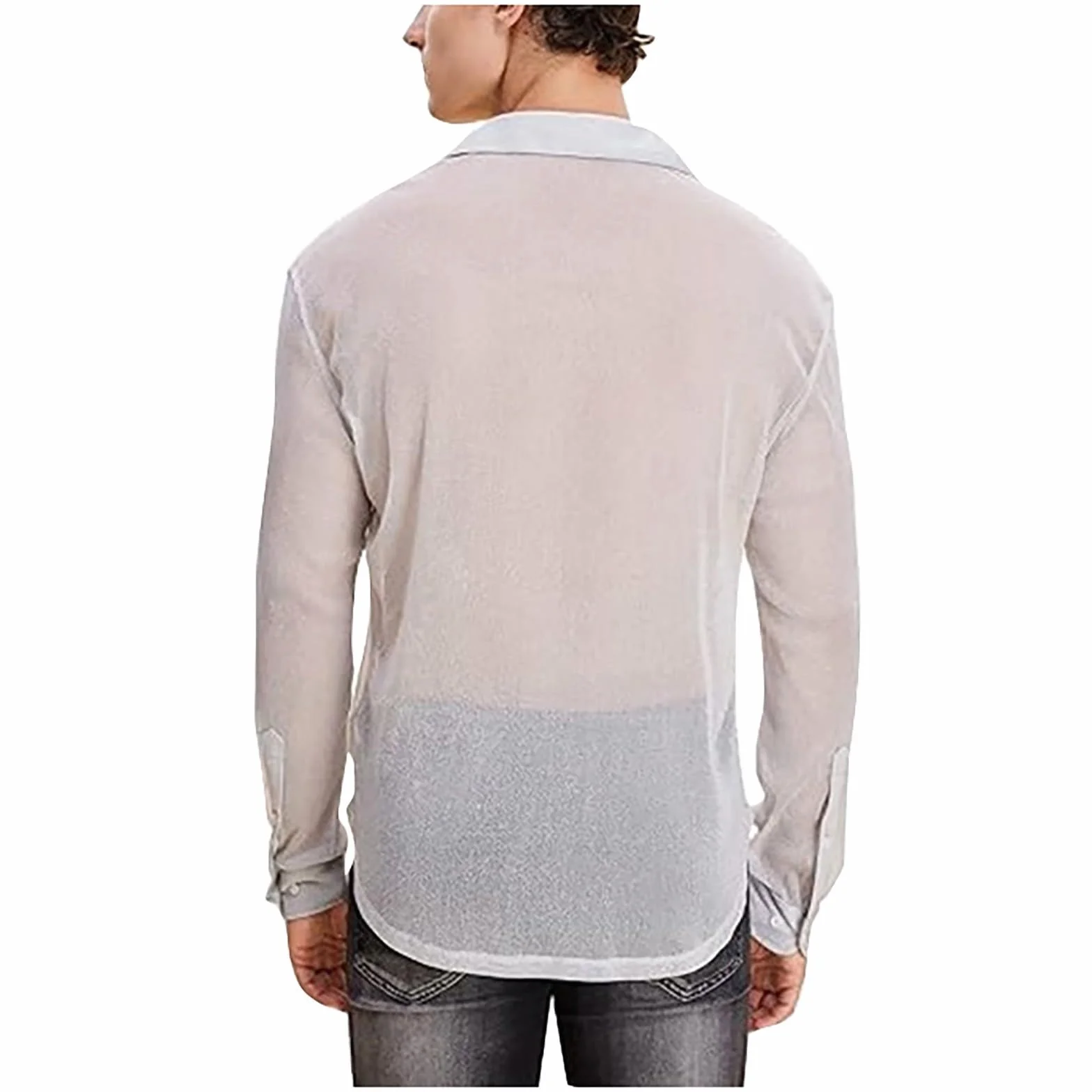 Camicia da uomo a rete trasparente maniche lunghe sexy pizzo sottile