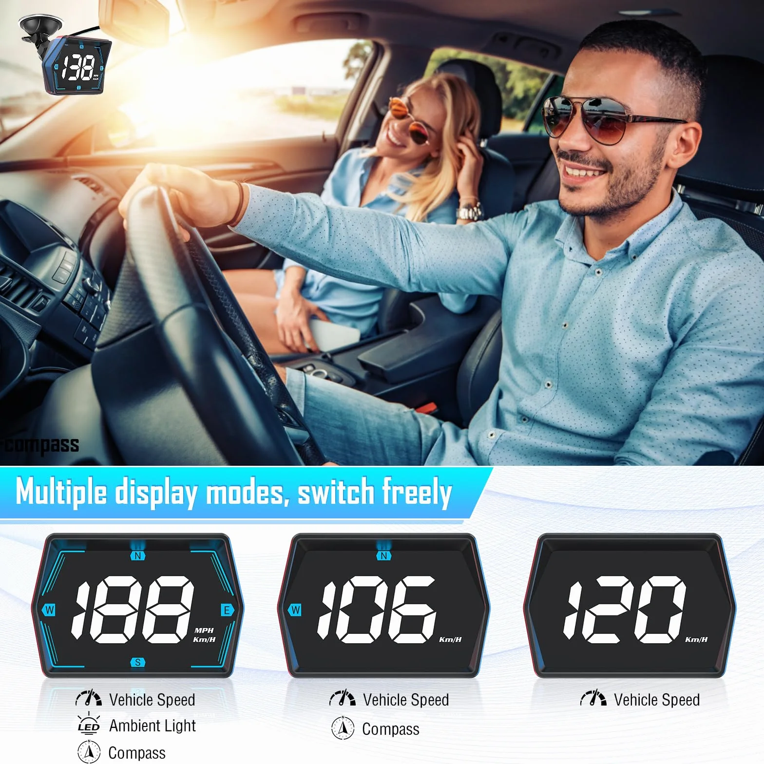 Auto Head Up Display KMH/MPH con Supporto a Ventosa, GPS Digitale Tachimetro Universale con GPS + Beidou Dual Chip