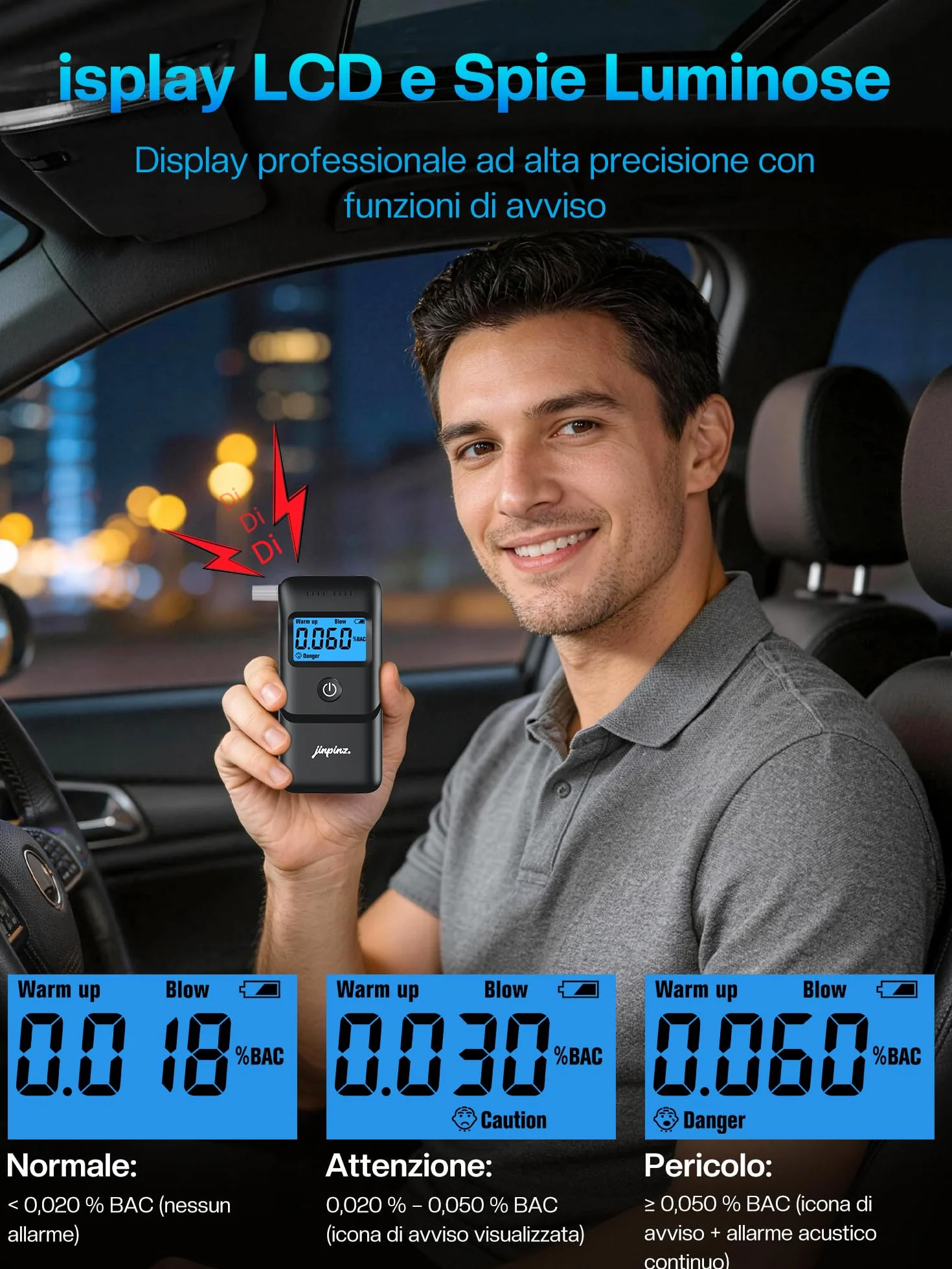 Etilometro Portatile Certificato Alcol Test con Sensore Rapido 10 Bocchini Display LCD Blu Nero