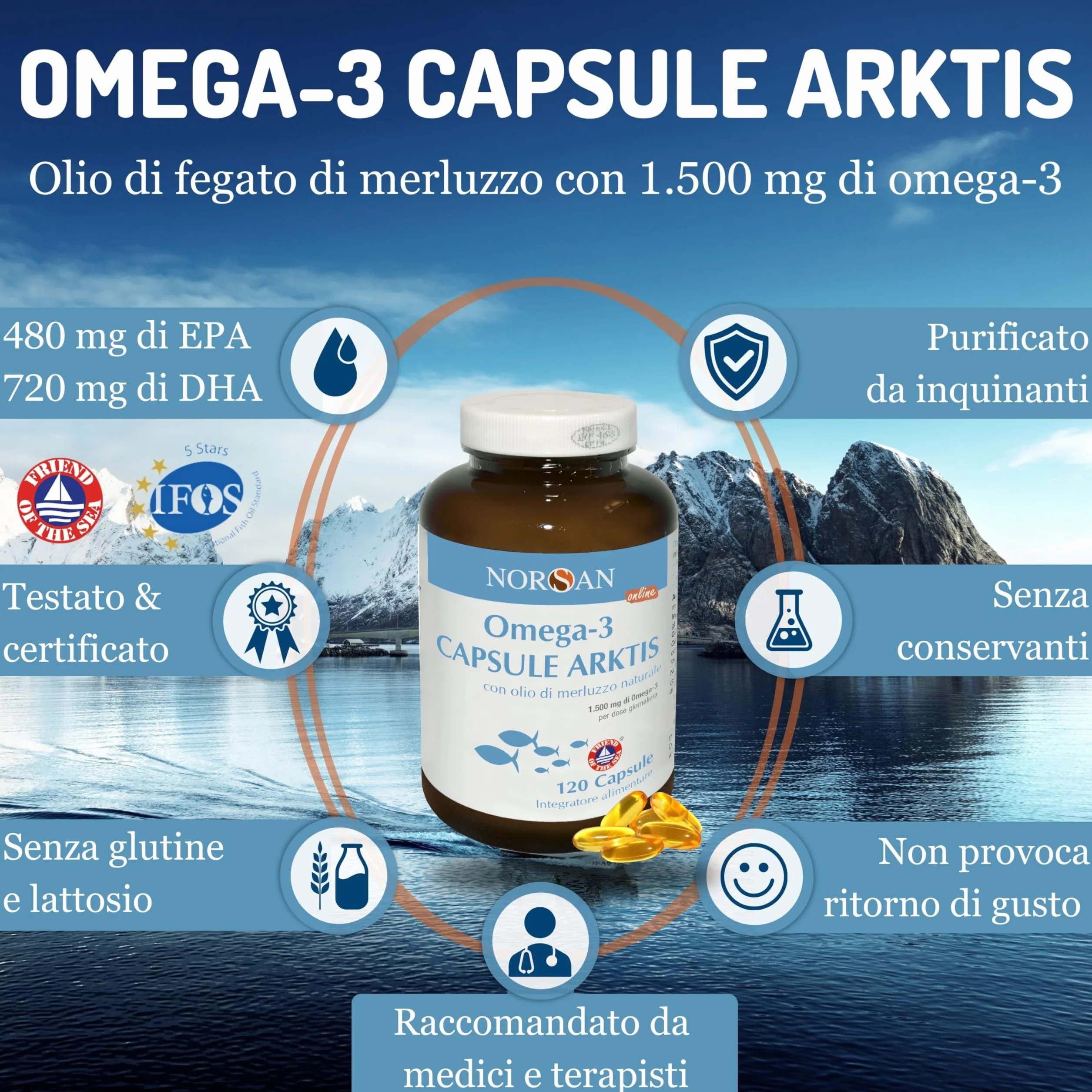 NORSAN Omega 3 Capsule Arktis 1x120 pz 1.500 mg EPA DHA Olio di fegato di merluzzo IFOS senza reflusso