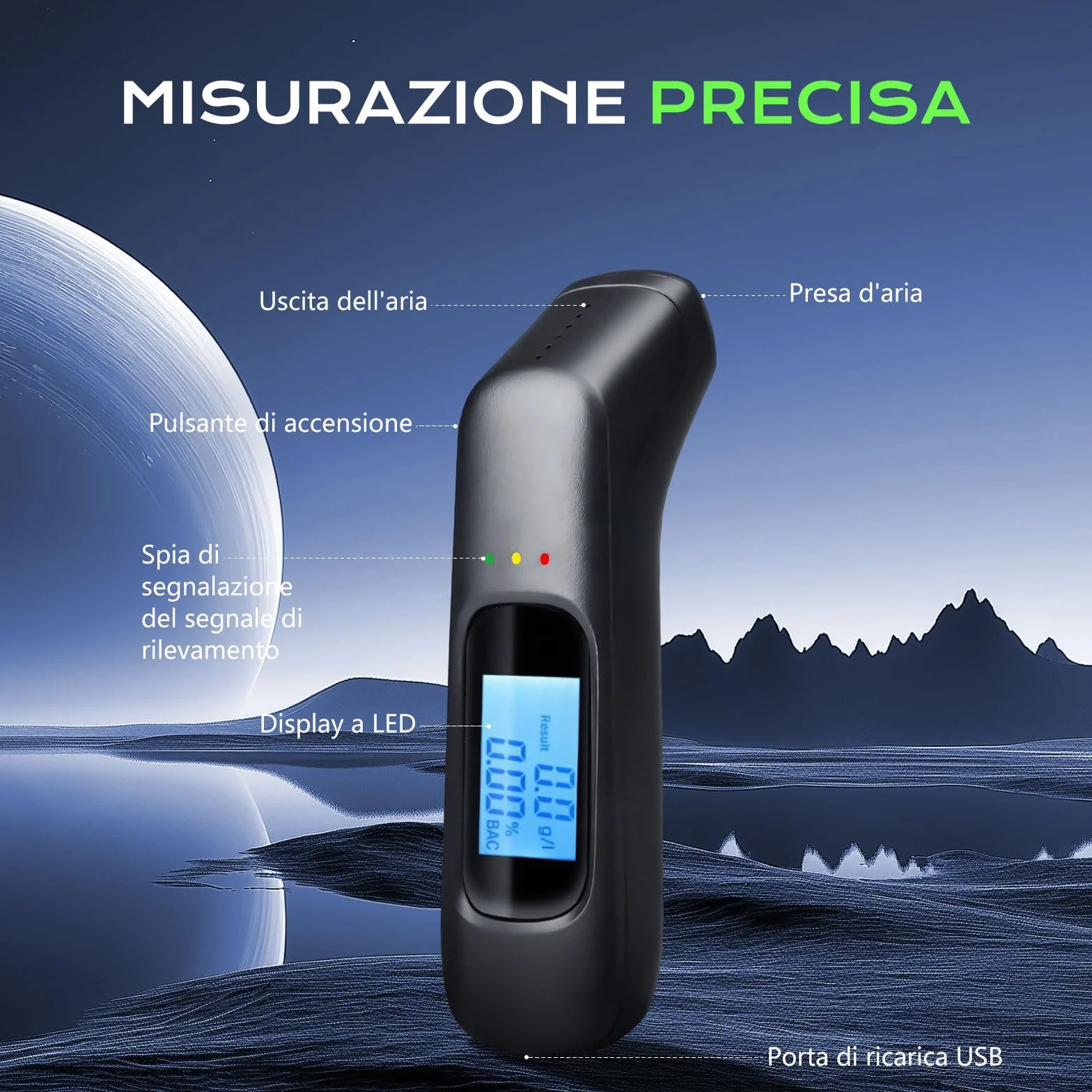 Etilometro Portatile Professionale con Display LCD & Allarme 3 Colori, Alcol Test Digitale 0.00–1.9 g/l