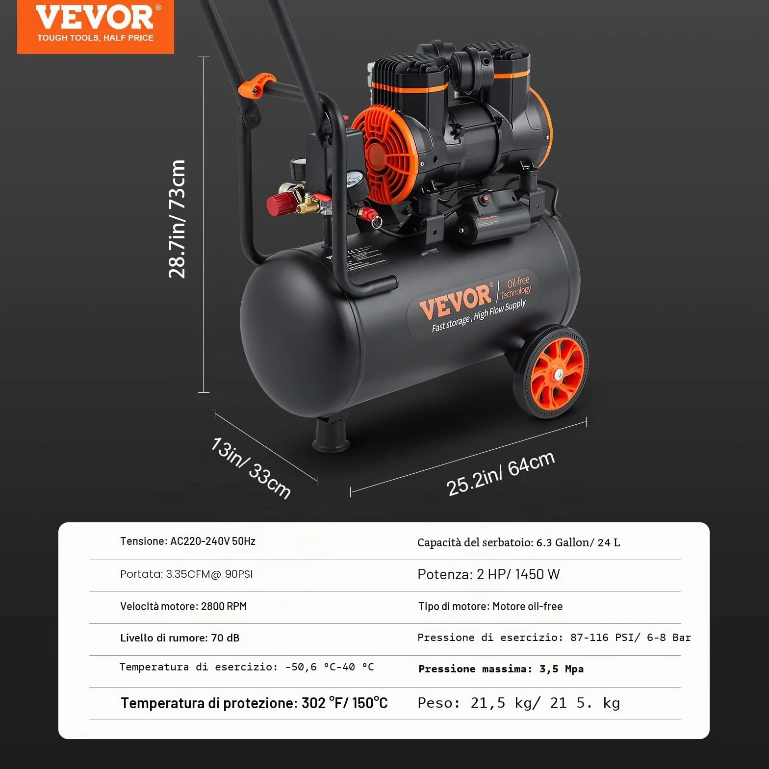 VEVOR Compressore d'Aria 24L Portatile Senza Olio Motore 1450W Velocità 2800 giri/min per Aerografo Inchiodatura, Compressore d'Aria a Secco Portatile Rumore 70dB 2 Silenziatori Temperatura -50℃ - 40℃
