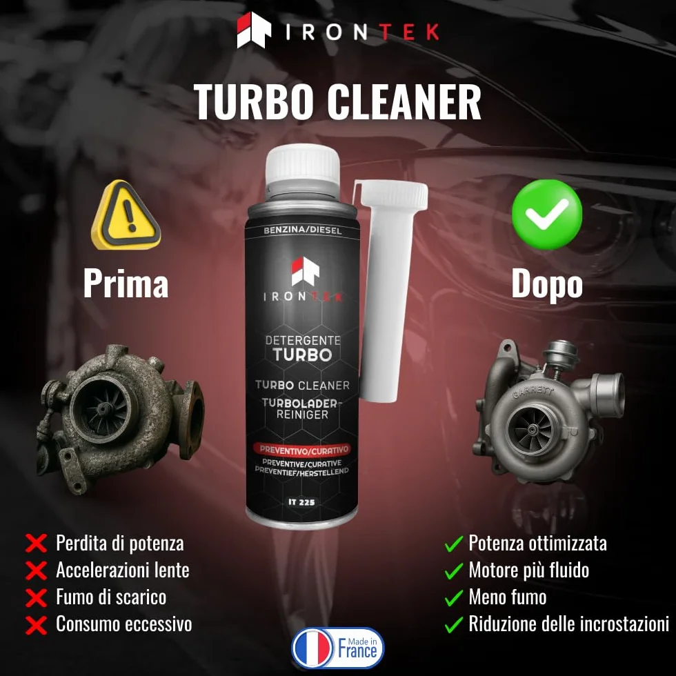 IRONTEK Pulitore Turbo Benzina Diesel 300ml | IT225 | Senza Smontaggio | Azione Preventiva e Curativa | Rimuove Depositi | Prolunga la Vita del Turbo