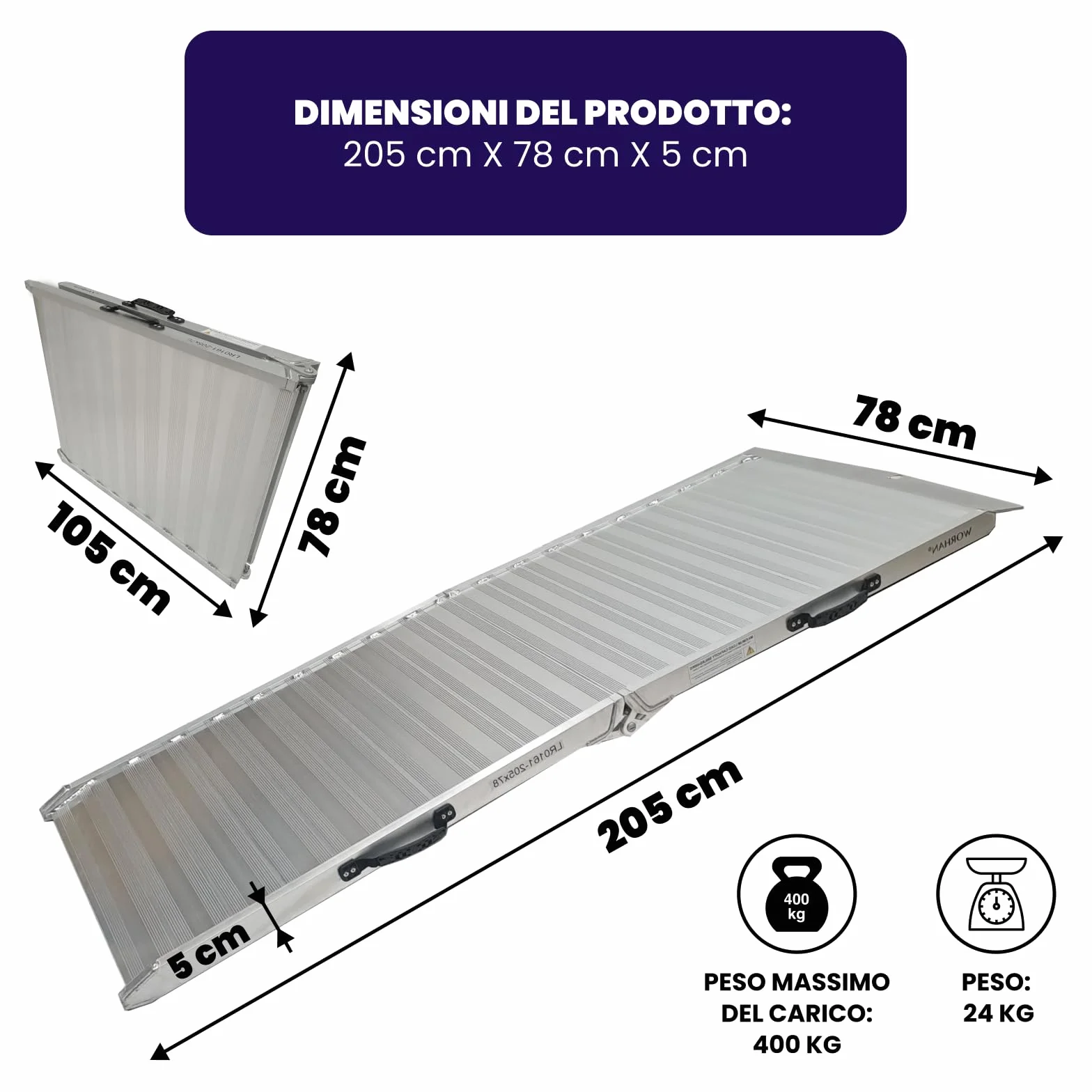 Rampa di Carico 400kg Moto a Valiglia Robusta 205cm Estrema Rigidità Pieghevole in Alluminio per Sedia a Rotelle Piattaforma Superficie Ultra Antiscivolo Flight Case Trasporto Eventi Larga HR7