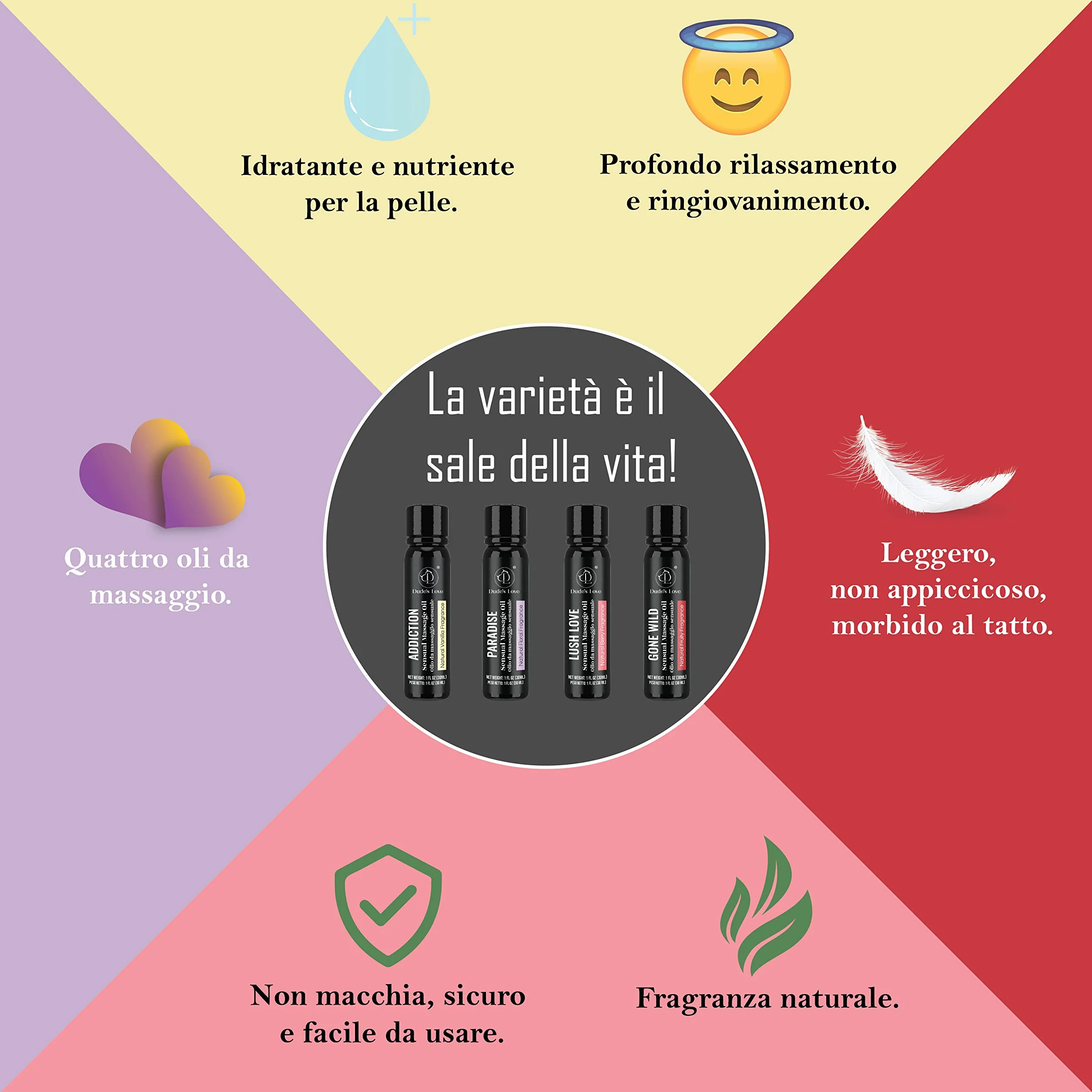 Set regalo olio da massaggio sensuale commestibile aromatico per tutto il corpo 120 ml