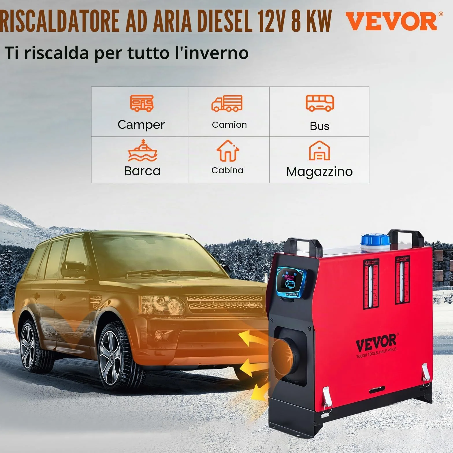 VEVOR scaldabagno diesel 12V 8kW riscaldamento aria 0,18-0,48 cm per auto camper