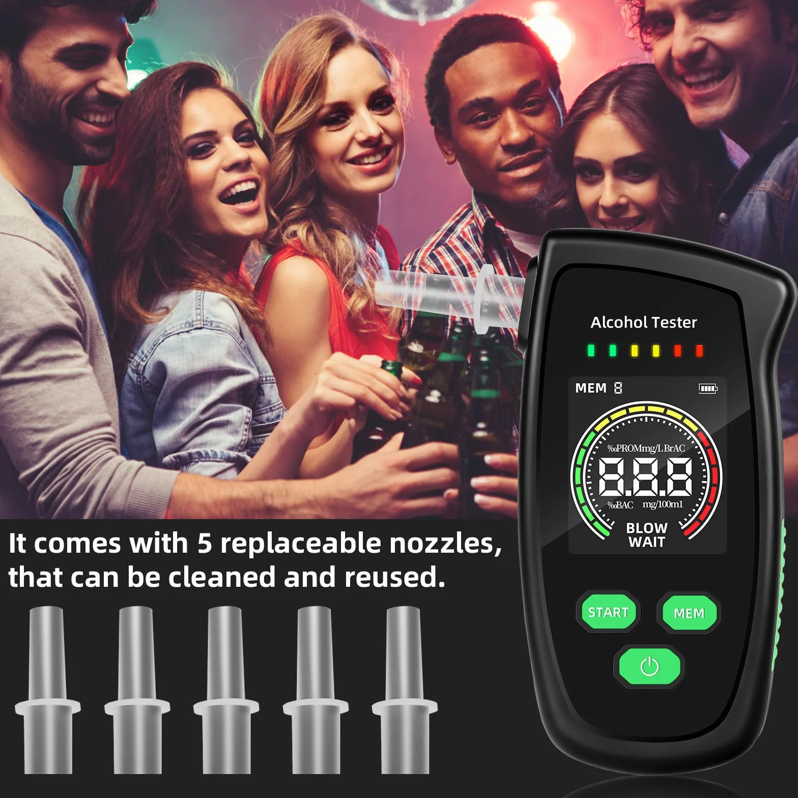 Etilometro Elettronico Portatile Certificato Etilometro di Alta Precisione con 5 boccagli, Etilometro Altamente Preciso con Schermo LCD Digitale per Test Personali a Casa