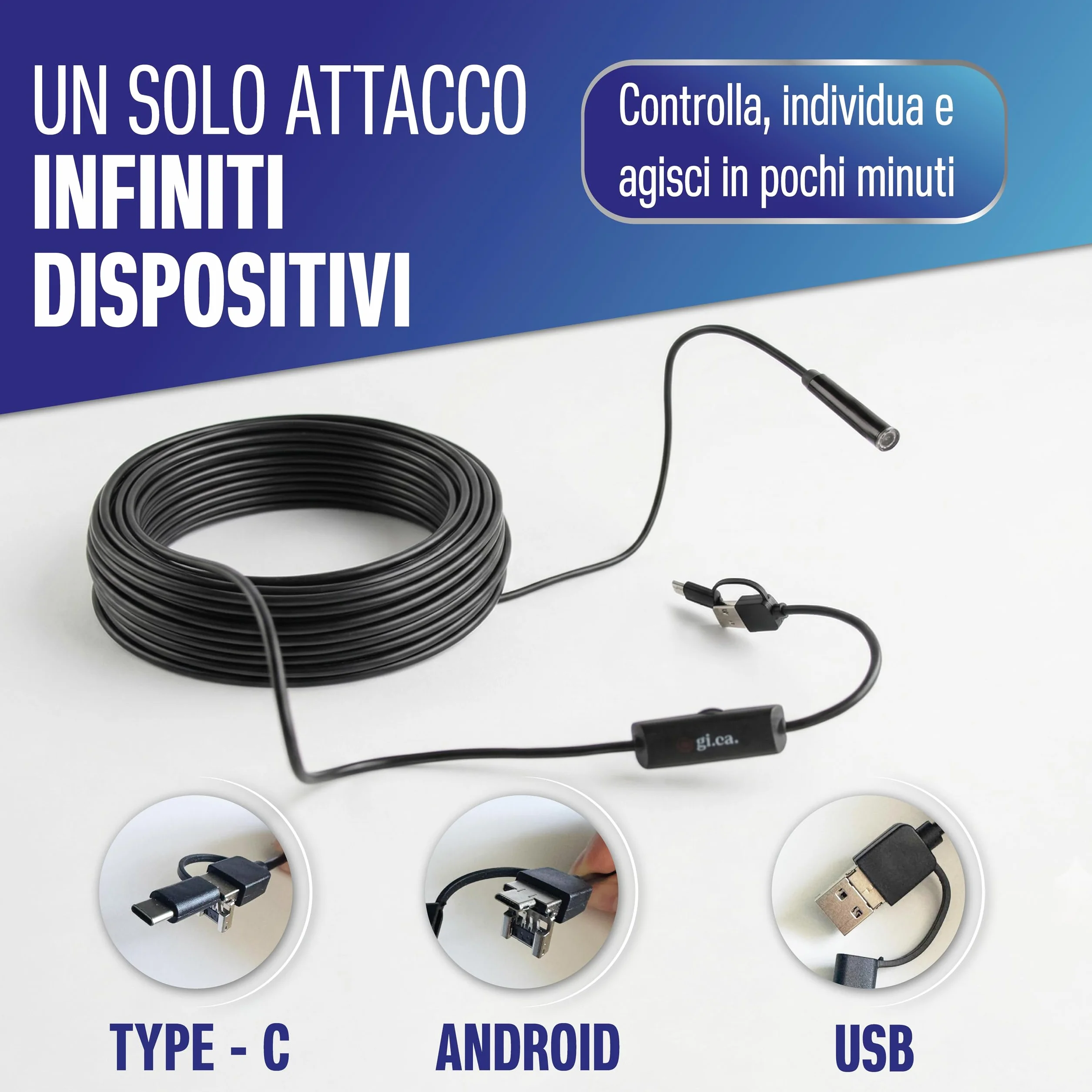 Endoscopio Smartphone 5m Full HD IP67 Impermeabile LED Regolabili USB-C Sonda Ispezione Tubi