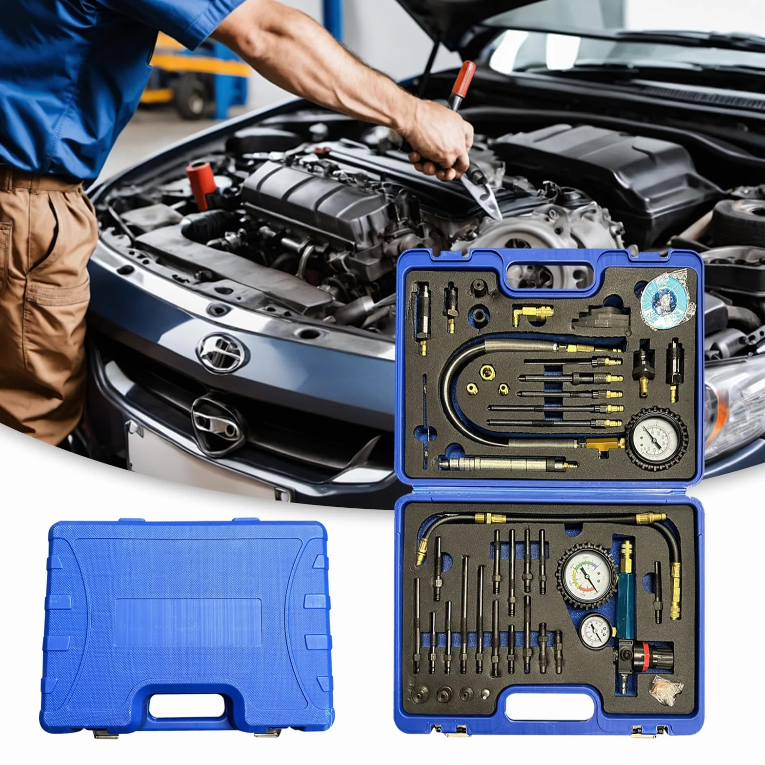 Tester Compressione, 46PCS Tester Compressione Diesel Benzina Perdita Pressione Compatibile Con Motori Diesel Benzina Auto Camion Autobus Motori Navi Agricole