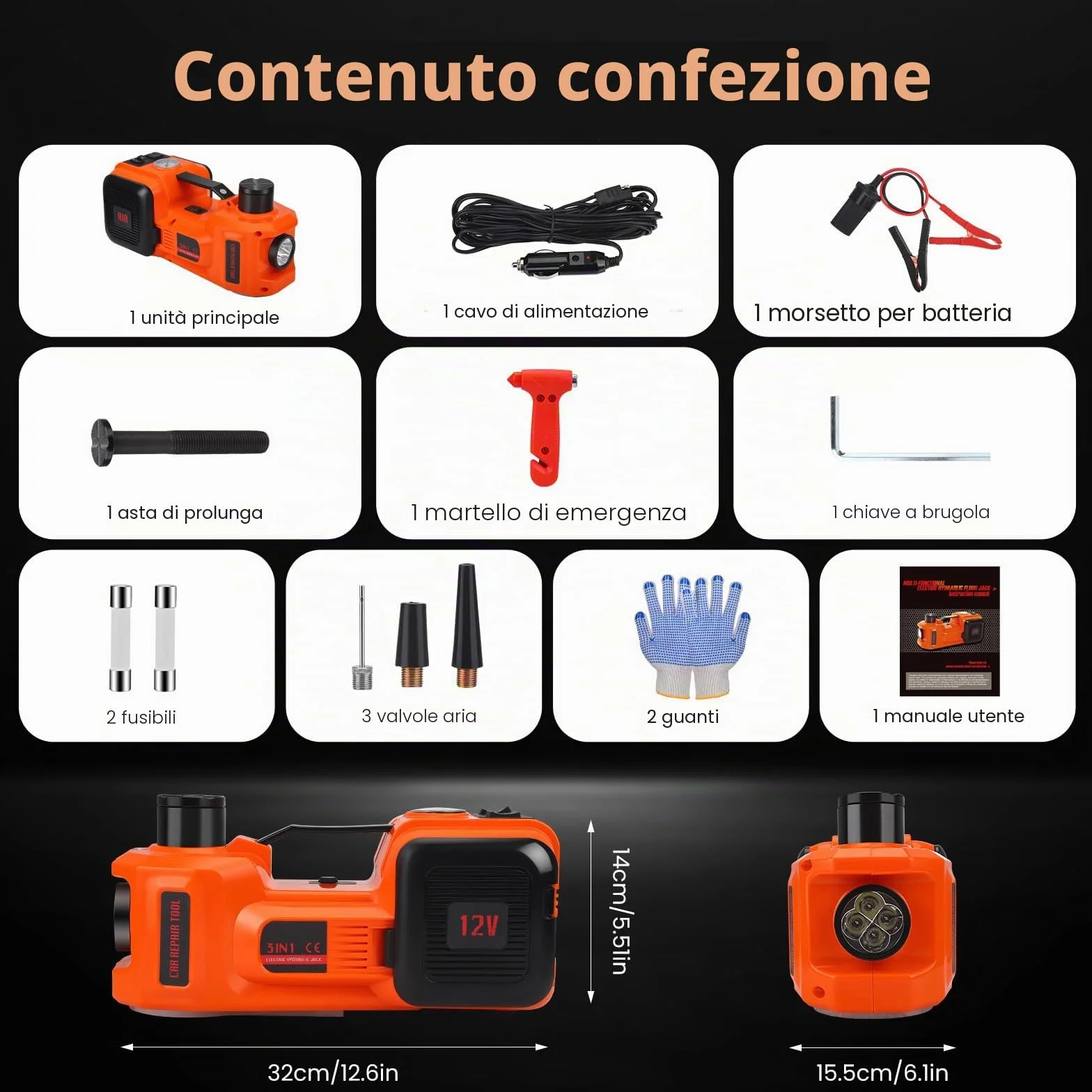 Cric idraulico elettrico 5T 12V 180W con pompa gonfiabile e luce LED 150-540 mm per auto SUV