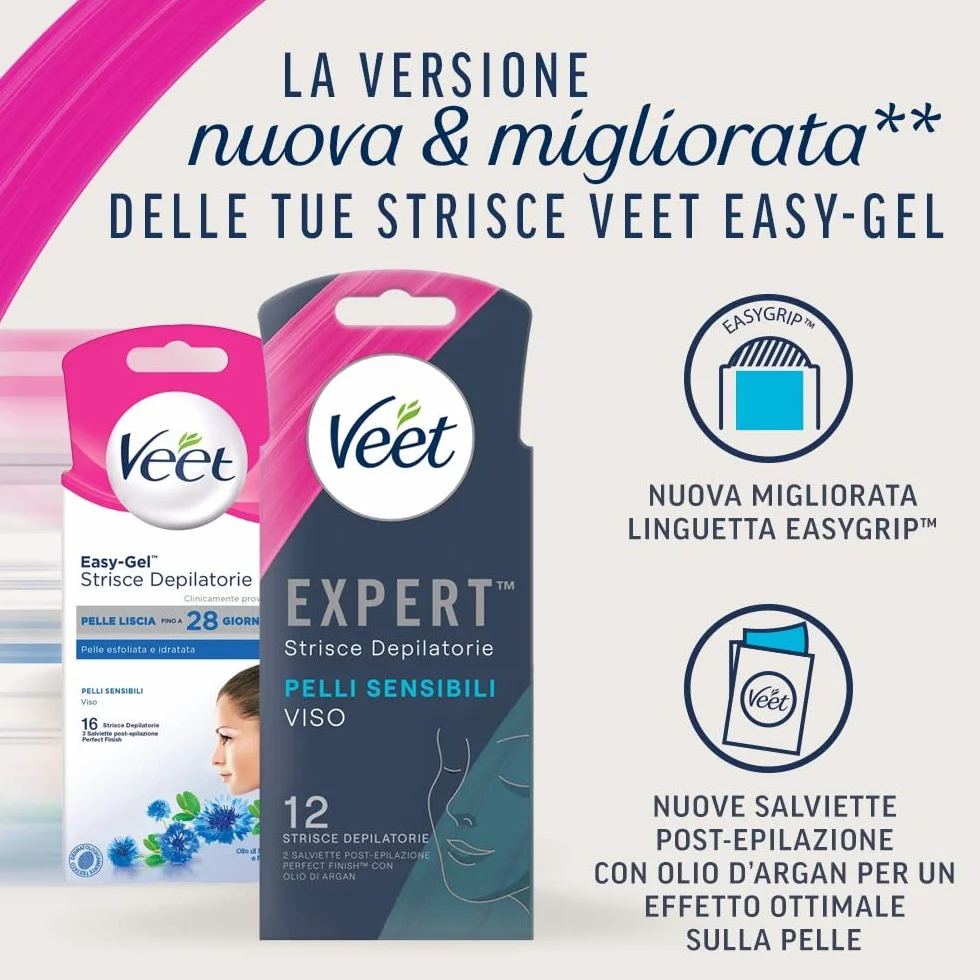 Veet Expert Strisce Depilatorie Viso Pelli Sensibili Olio di Mandorla 36 Strisce + 6 Salviette Post-Epilazione