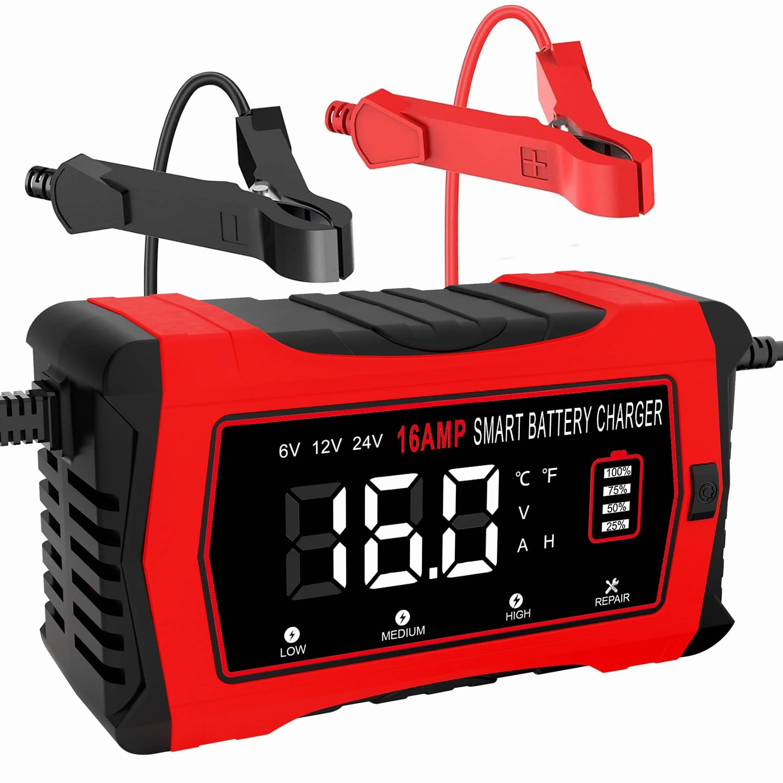 HTRC Caricabatterie Auto 16A 6V/12V/24V Intelligente LCD 4 Modalità per Barche SUV Moto Litio LiFePo4 Piombo Acido