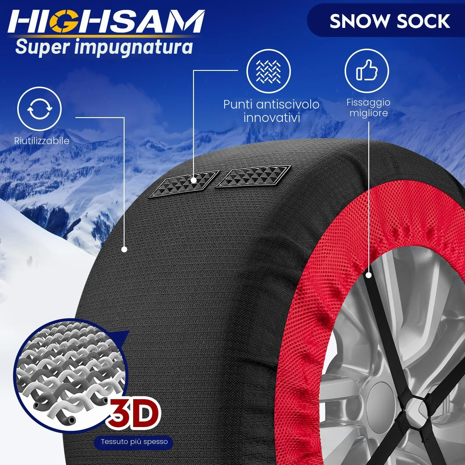 Calze da Neve Omologate Italia EN 16662-1,Catene da neve tessili omologate e ad alta sicurezza - Kit di 2 catene per auto + guanti (Rosso Nero, XL)
