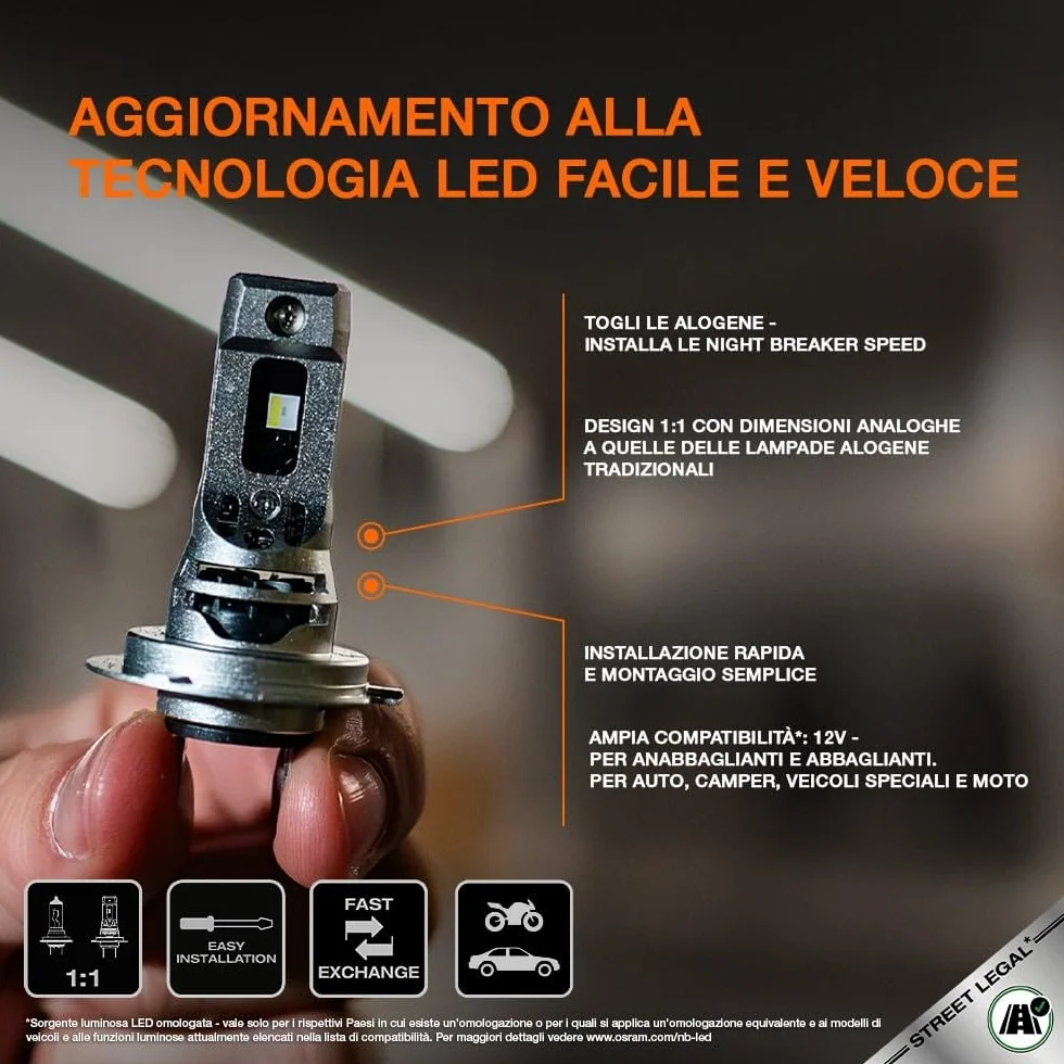 OSRAM NIGHT BREAKER LED SPEED H7 450, abbagliante e anabbagliante a LED 6000K