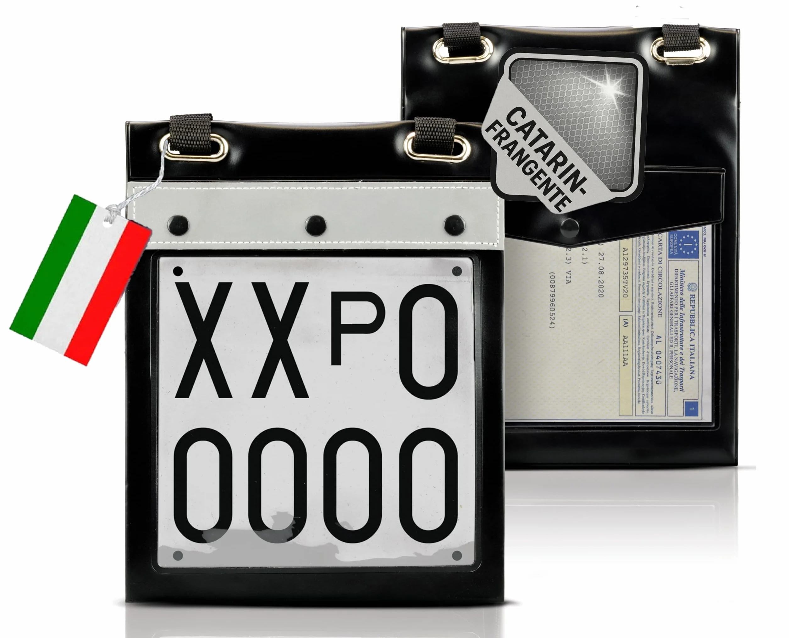 Porta Targa Prova GAMBC® - Universale -25x19 cm - Matricole Italiane - Retro Porta Libretto - Banda Catarinfrangente sul fronte - Per tutti i veicoli - Portatarga prova auto - Custodia per targa prova