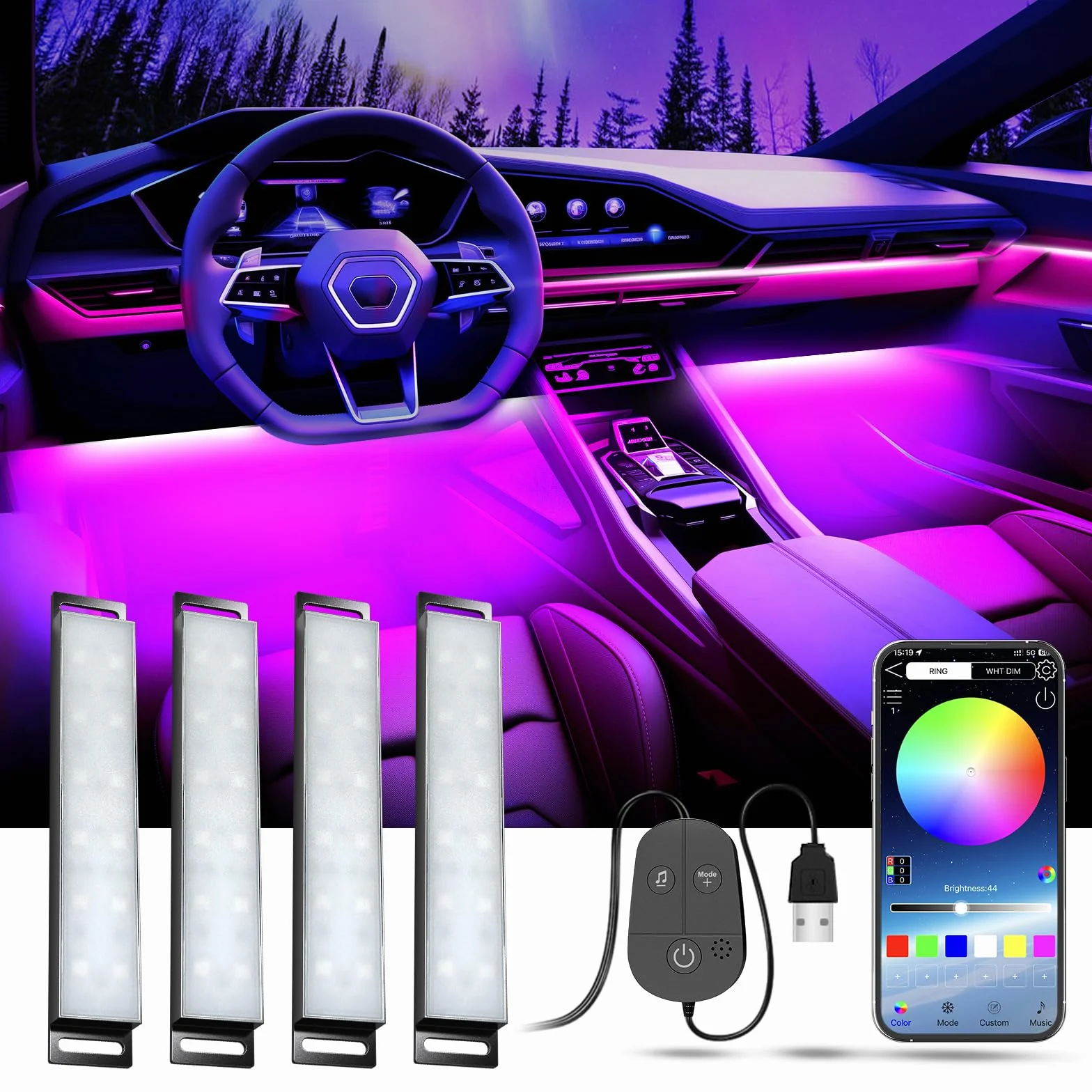 YiLaie LED Auto Interni, Luci Ambiente Auto con App e Controller, USB, 16 Milioni di Colori, Modalità Musica