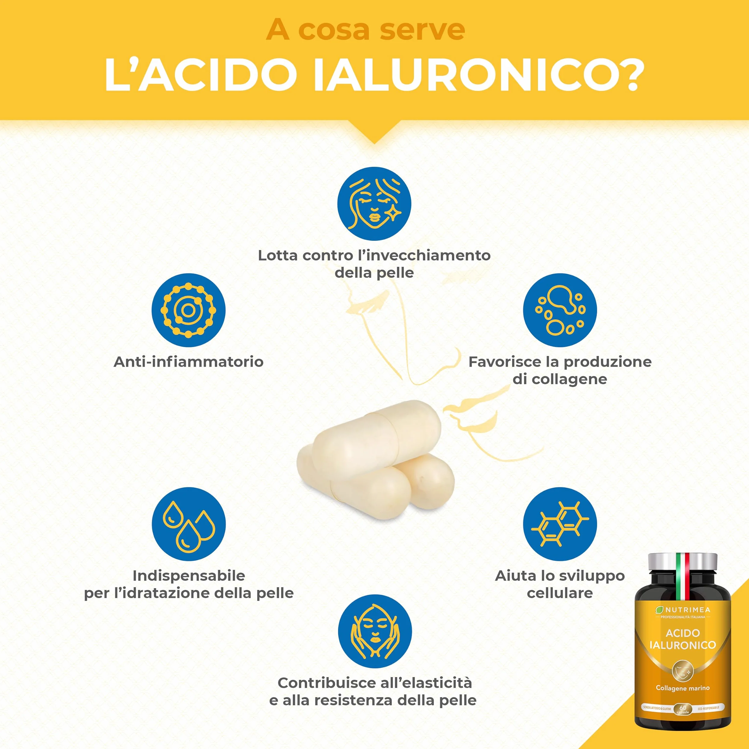 Acido Ialuronico con Collagene Marino Vitamina A C Antirughe Anti-age 60 Capsule