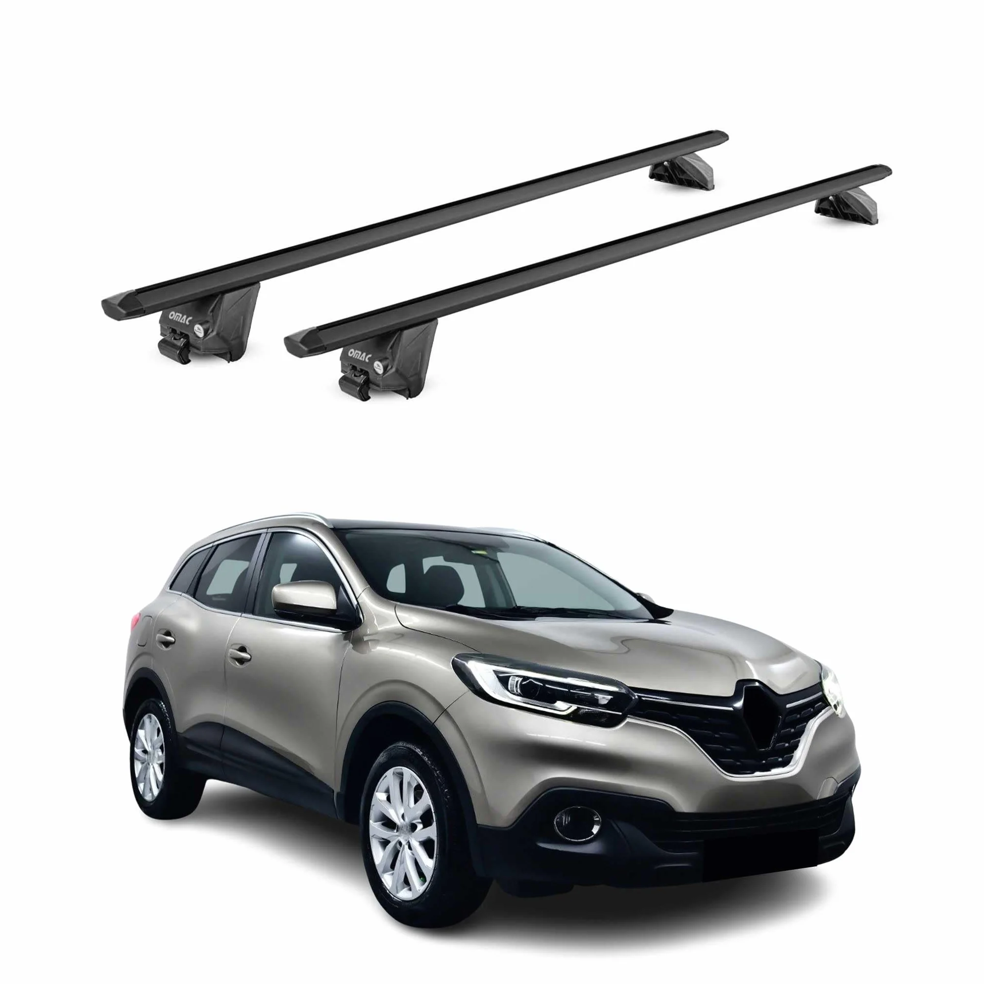 OMAC Barre Portatutto Alluminio TÜV geprüft per Renault Kadjar 2015-2022 – per Rail Tetto Integrati – T Nut – Max 100 kg – 2 Schlösser Nero