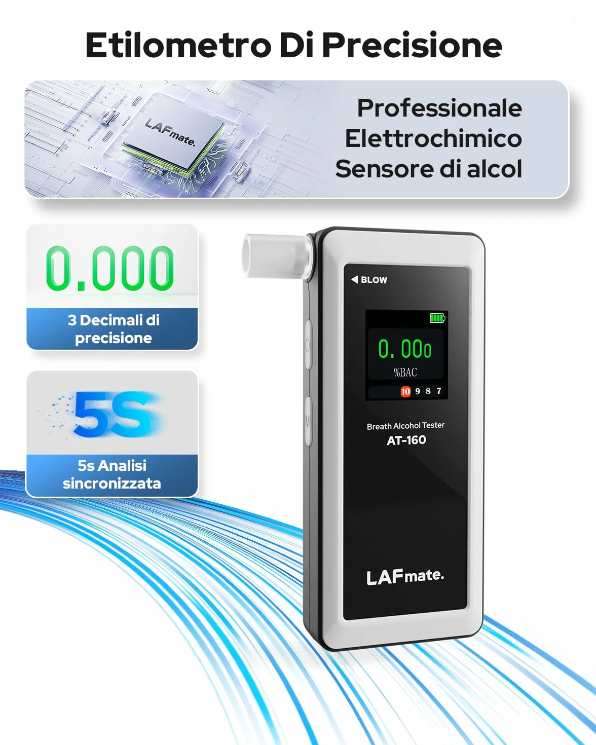 Etilometro AT-160, Alcolometro ad Alta Precisione con Impostazioni della Soglia di Allarme, Alcol Tester con Display Digitale LCD, Archiviazione Dati, 10 Bocchini - per Uso Domestico