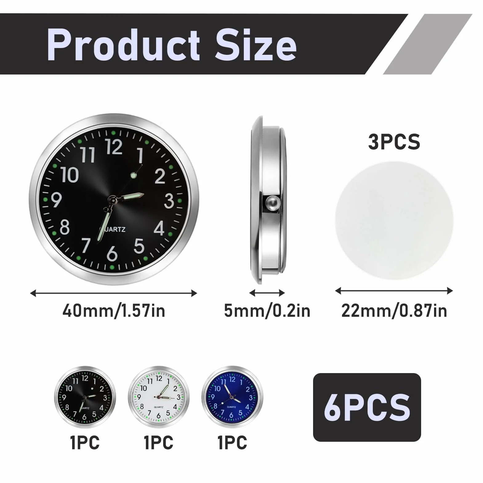 3 Pezzi Orologio per Auto, Mini Quarzo Metallo Cruscotto con Nastro Biadesivo, Nero Bianco Blu