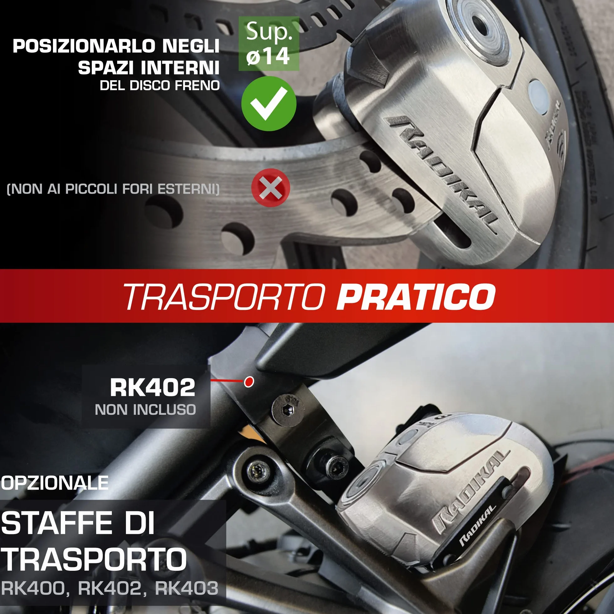 RADIKAL RK14S Antifurto Moto Blocca Disco Premium con Allarme | Attivazione a scelta, 120dB, Avviso LED, Warning Preallarme | Lucchetto Omologato SRA, Acciaio Inossidabile Doppio Bloccaggio ø14, Inox