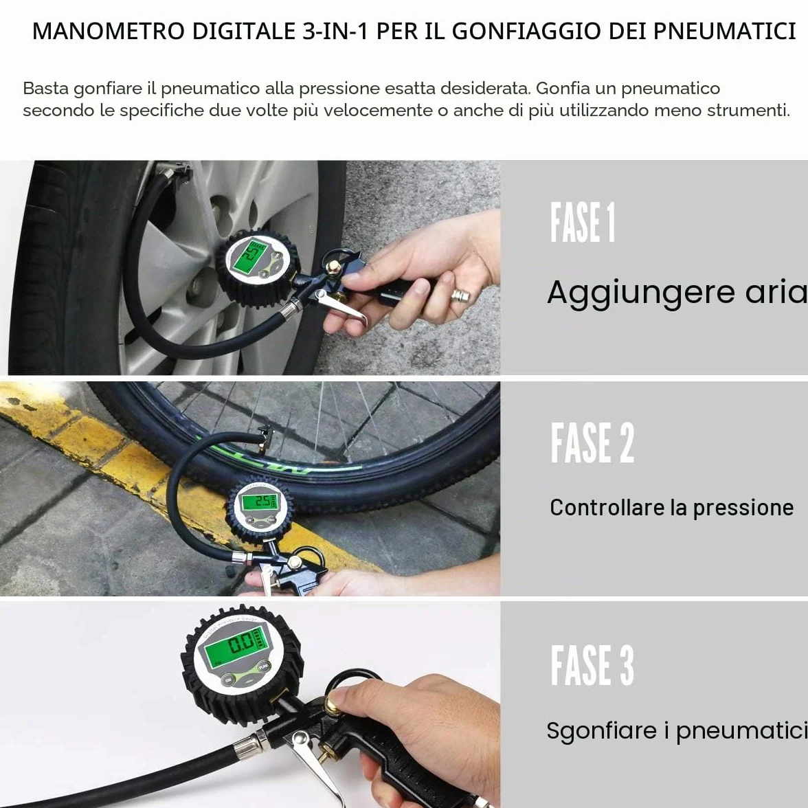 Manometro Digitale Pressione Display LCD per Pneumatici Auto Moto Camion SUV
