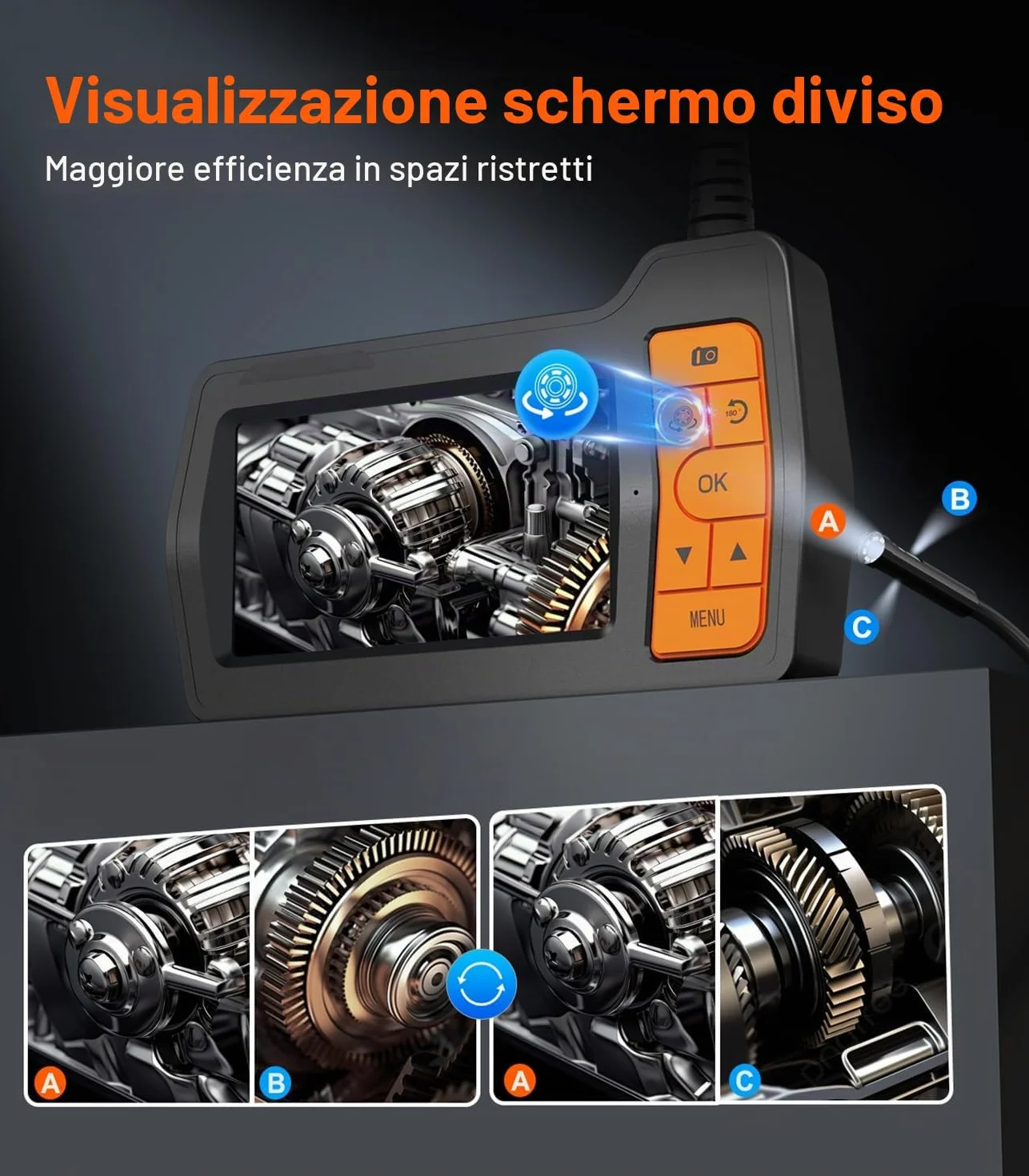 Telecamera Endoscopica Tripla Lente 5.0 Pollici 15M Sonda IP67 1080P 32GB Endoscopio Industriale
