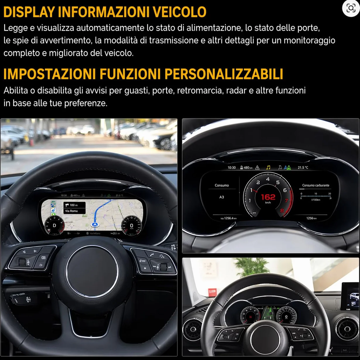 VIBEX Tachimetro Digitale 10,25 per Audi A3, S3, RS3 8V 2013-2019 |Virtual Cockpit LCD Full HD | Apple CarPlay Android Auto Wireless | Navigazione GPS | Plug & Play | Comandi al Volante |