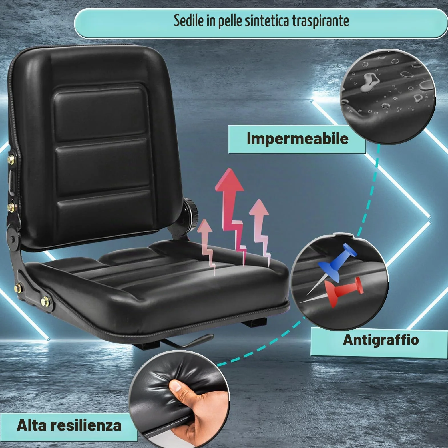 Sedile Universale per Carrelli Elevatori con Schienale Regolabile, Micro Interruttore, Guida Scorrevole, Similpelle