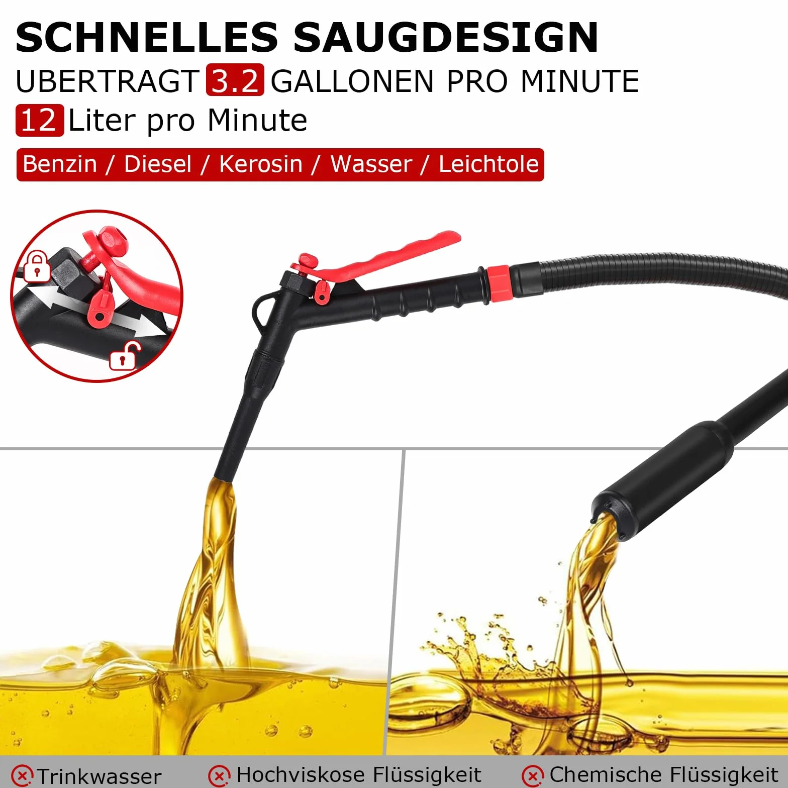 Pompa del carburante elettrica, innhom 3.2 GPM (12 L/min) a batteria, pompa a trasferimento liquido per benzina e diesel, pompa a sifone portatile con tubo e controllo del flusso