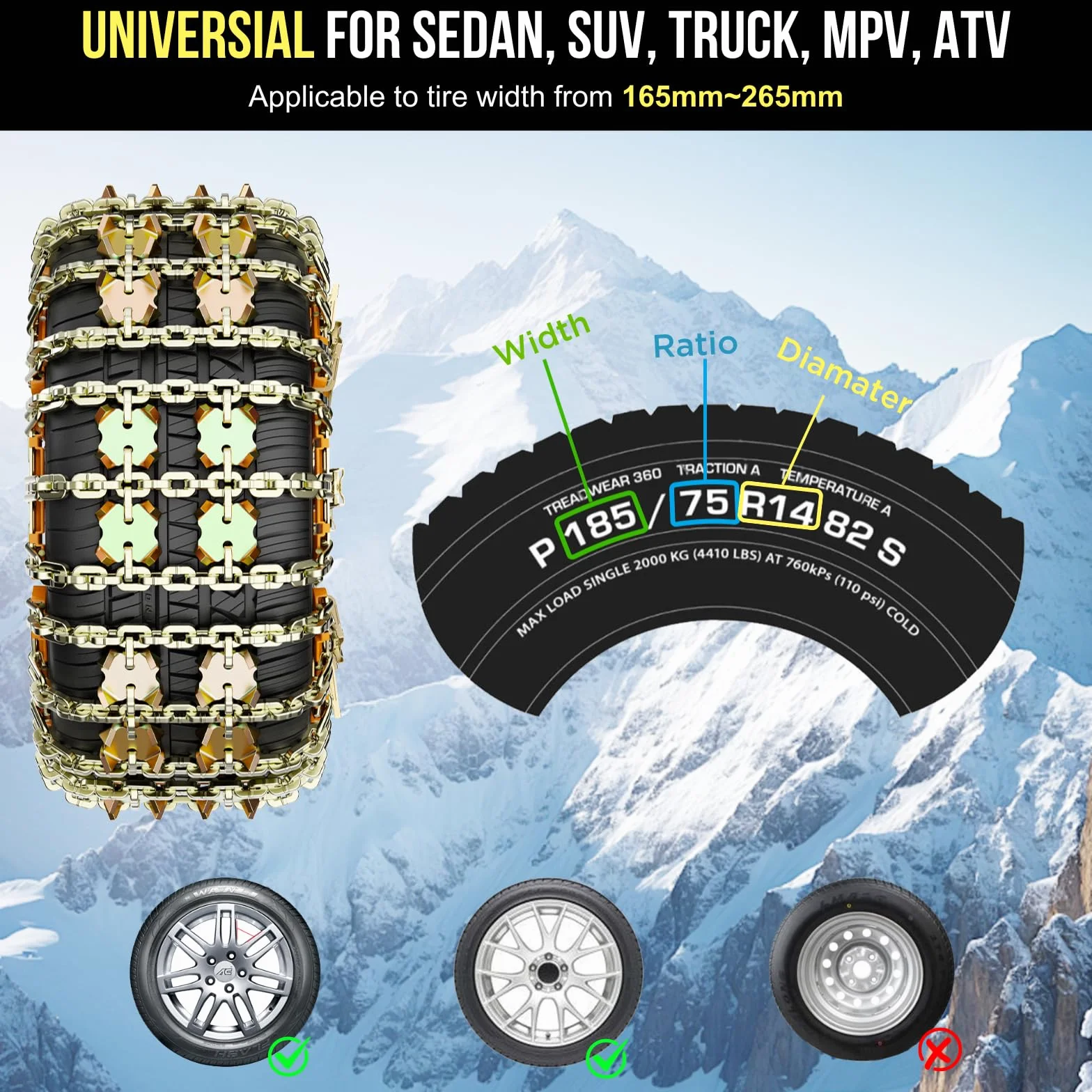 Catene Neve Universali Per Auto 8 Pezzi Larghezza Pneumatici 165-265 mm Adatte Per PKW SUV MPV LKW ATV Installazione Rapida