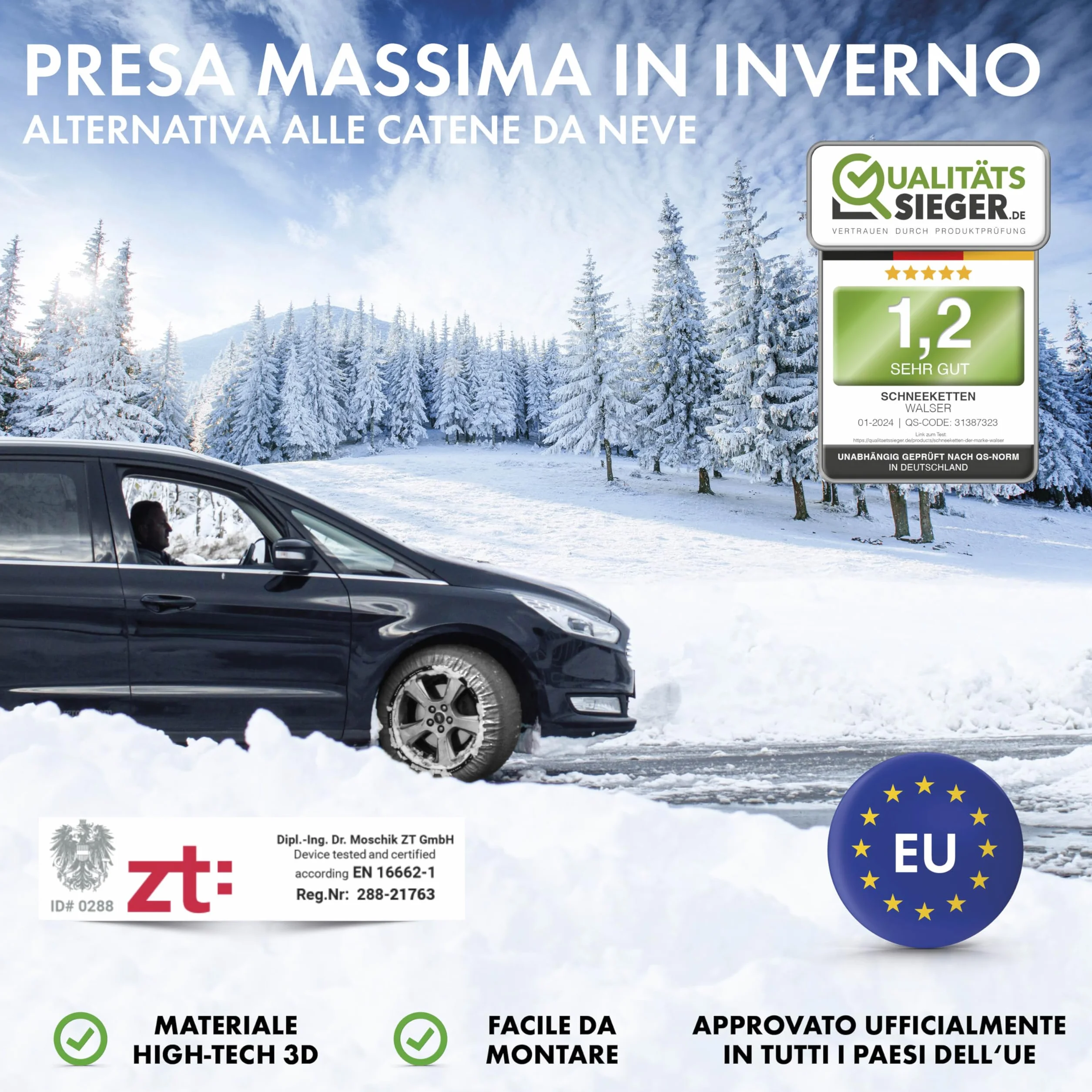 WALSER Premium Calze da Neve Omologate Italia EN 16662-1, Set di 2 Catene Invernali per Auto Grigio/Nero, Snow Sock R13-R22 XL