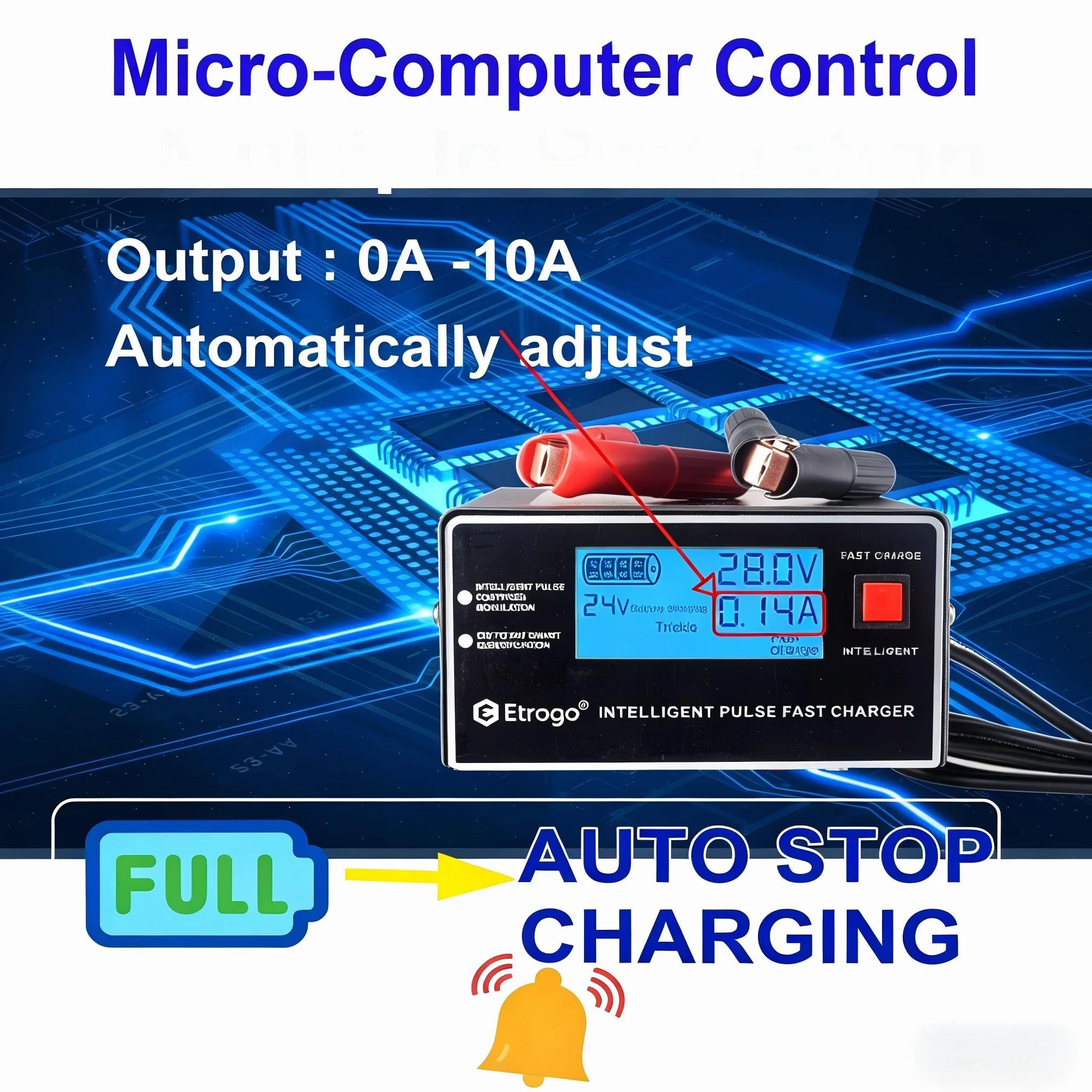 Etrogo Caricabatteria Auto 12V 24V 10A 250W Caricatore di Impulsi Intelligente con Funzione di Rilevamento Automatico Riparazione Manutenzione con Schermo LCD