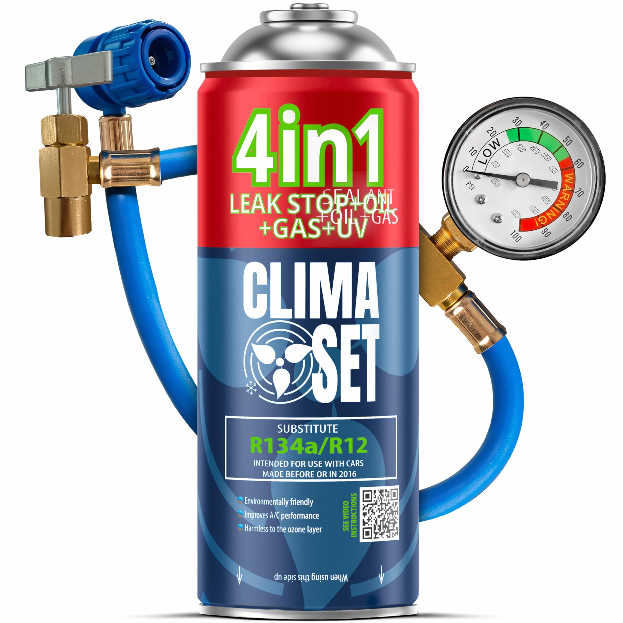 Kit Ricarica Gas Climatizzatore Auto R134a 4in1 con Olio Sigillante Colorante UV Tubo Flessibile