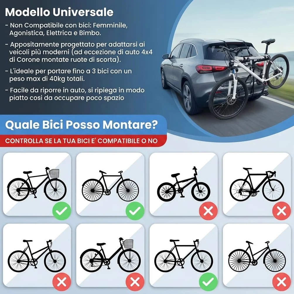 Susy Shop Portabici Posteriore Universale per Auto, Capacità 3 Biciclette, 40 kg, Pieghevole, Acciaio con Fasce in Nylon e Ganci
