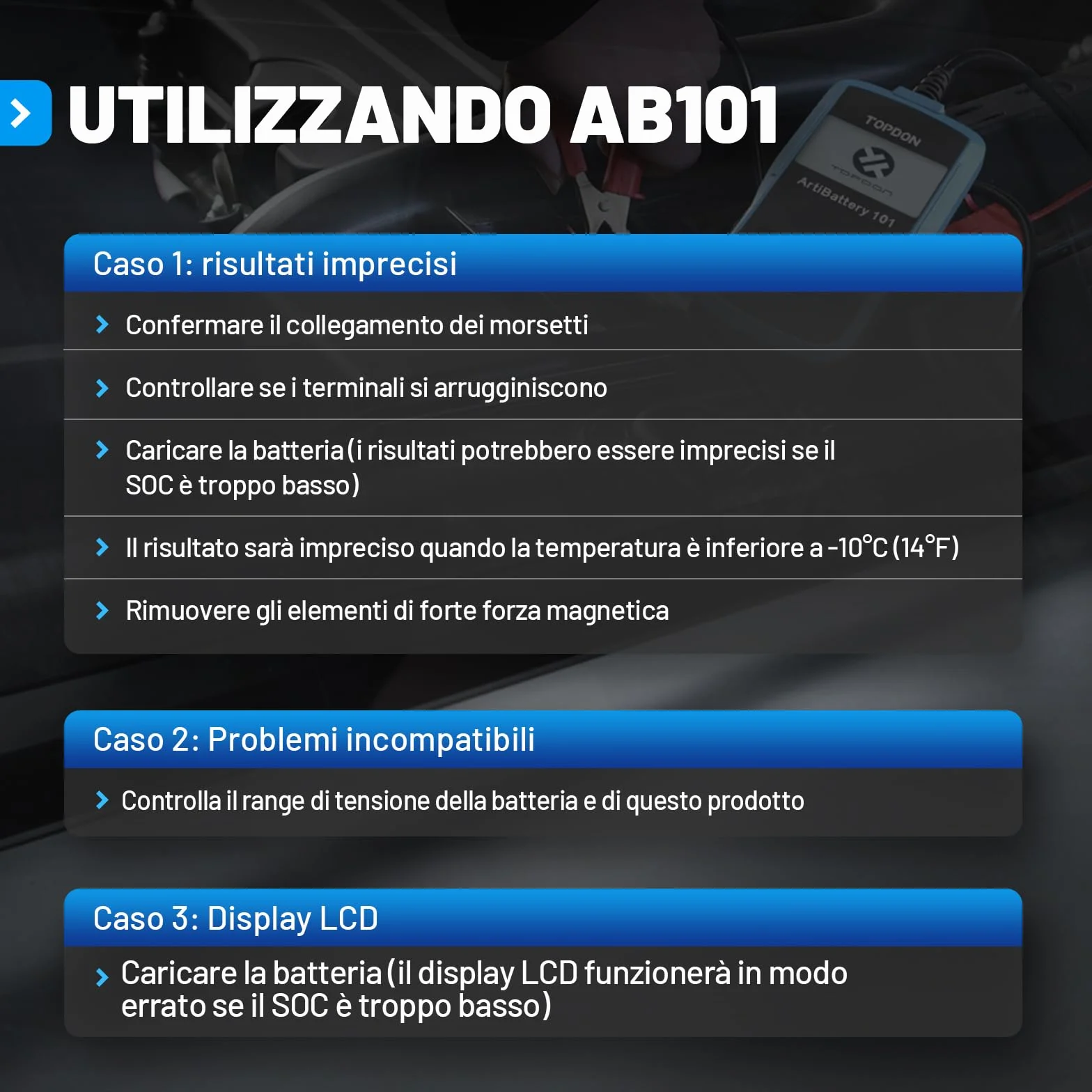 TOPDON ArtiBattery AB101 Tester Batteria 12V Analizzatore Digitale 100-2000 CCA Alternatore Strumento di Scansione Sistema di Avviamento e Ricarica per Auto SUV e Camion Leggeri