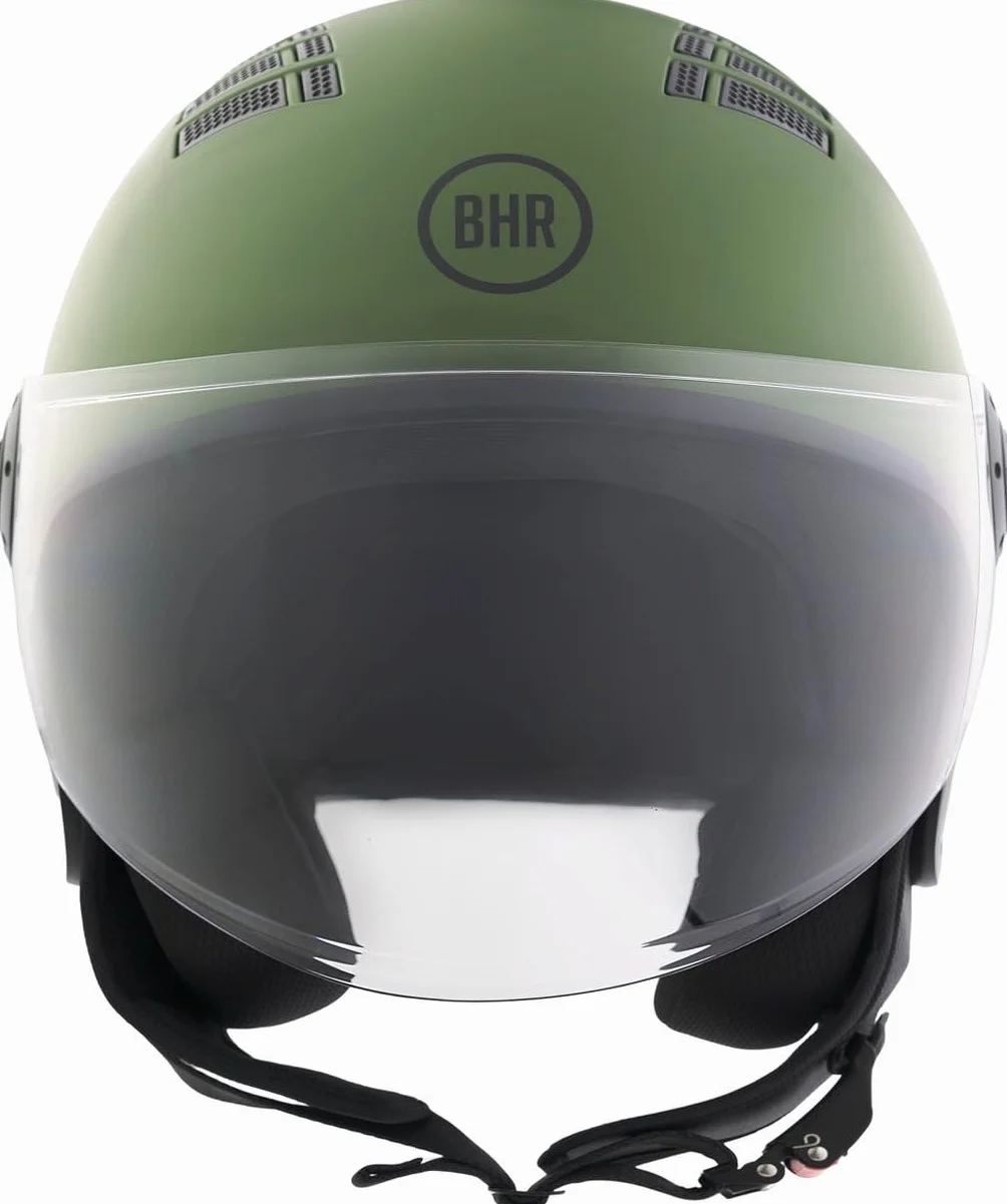 BHR Casco Demi-Jet 834 FLOW - Casco Scooter Estivo Omologato ECE 22.06 con 16 Fori di Aerazione - Visiera Antigraffio e Sgancio Micrometrico, Verde Opaco, L