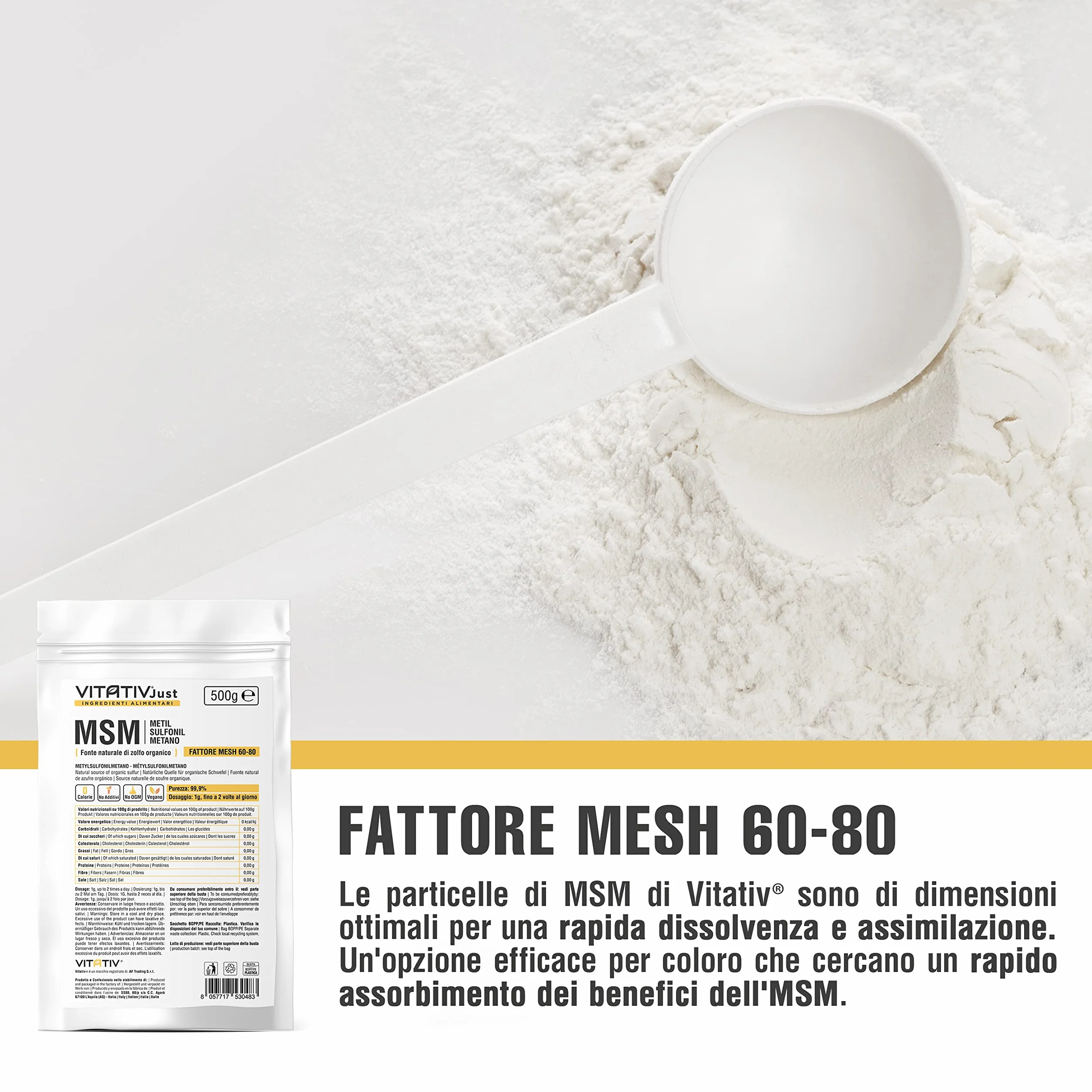 MSM Metilsulfonilmetano In Polvere Puro 99,9% Fattore Mesh 60-80 Zolfo Organico 500gr
