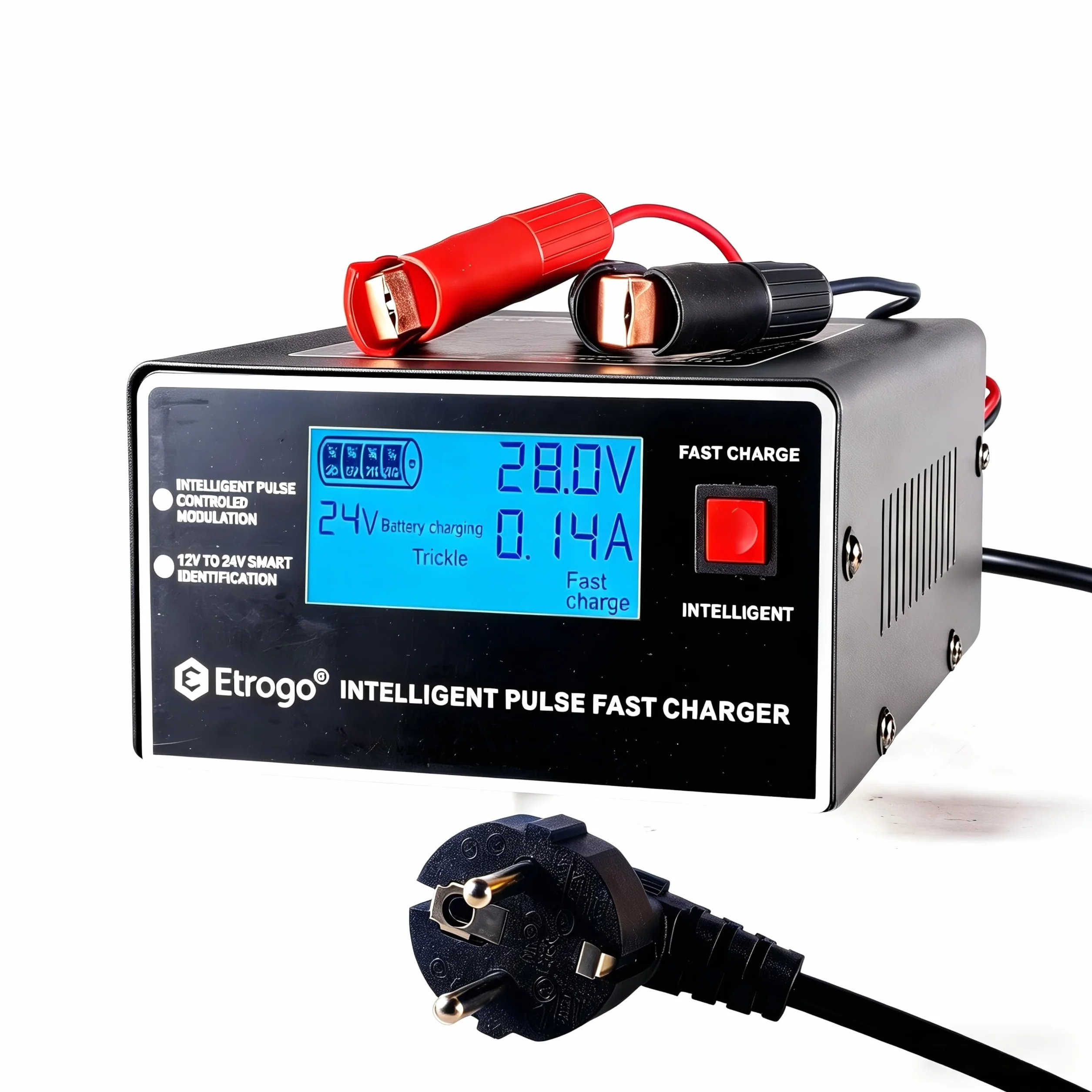 Etrogo Caricabatteria Auto 12V 24V 10A 250W Caricatore di Impulsi Intelligente con Funzione di Rilevamento Automatico Riparazione Manutenzione con Schermo LCD