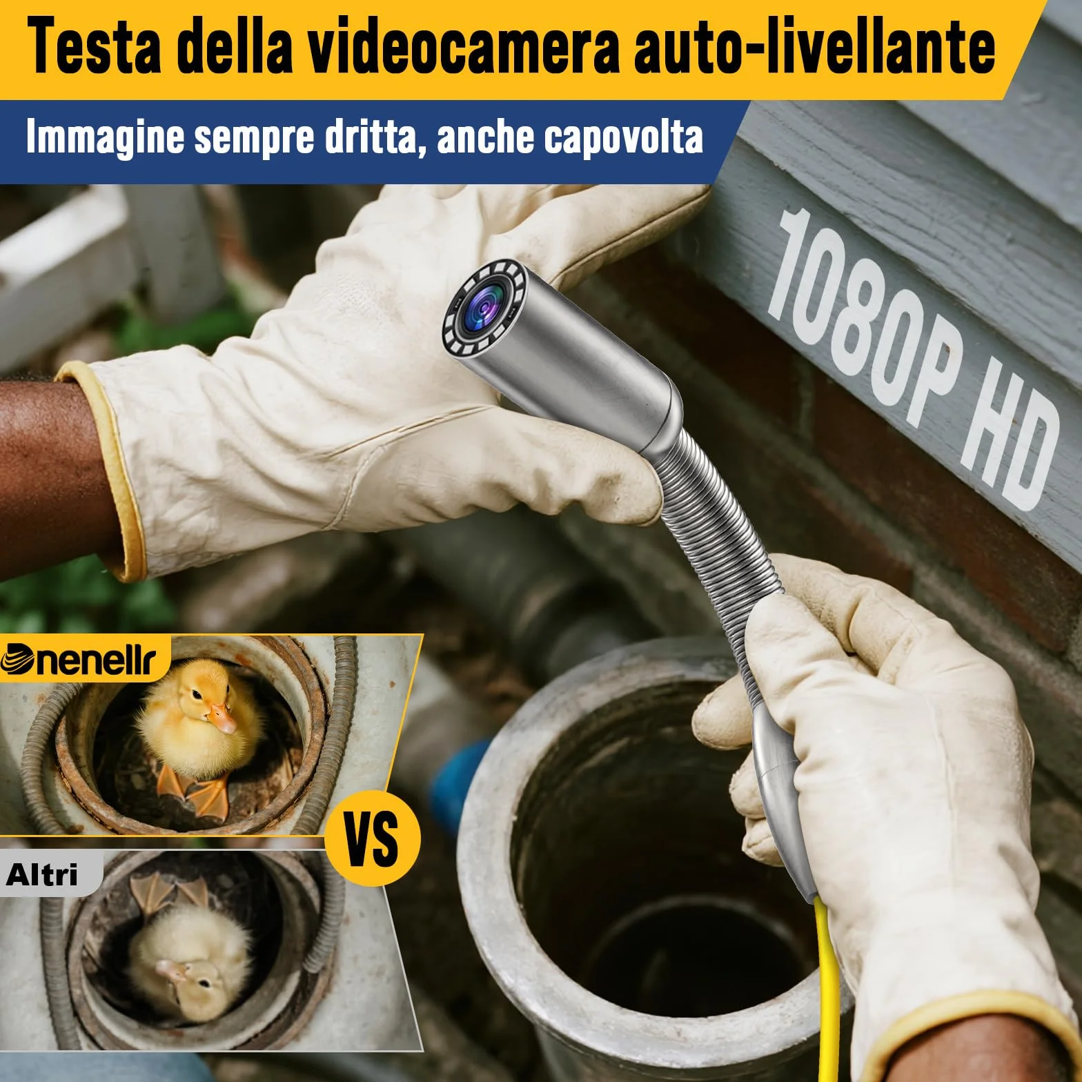 Telecamera Ispezione Tubi 1080P Sonda 512Hz Auto-Livellante Schermo IPS HD 9 Pollici DVR 32GB Batteria 5100mAh Impermeabile IP68 30M