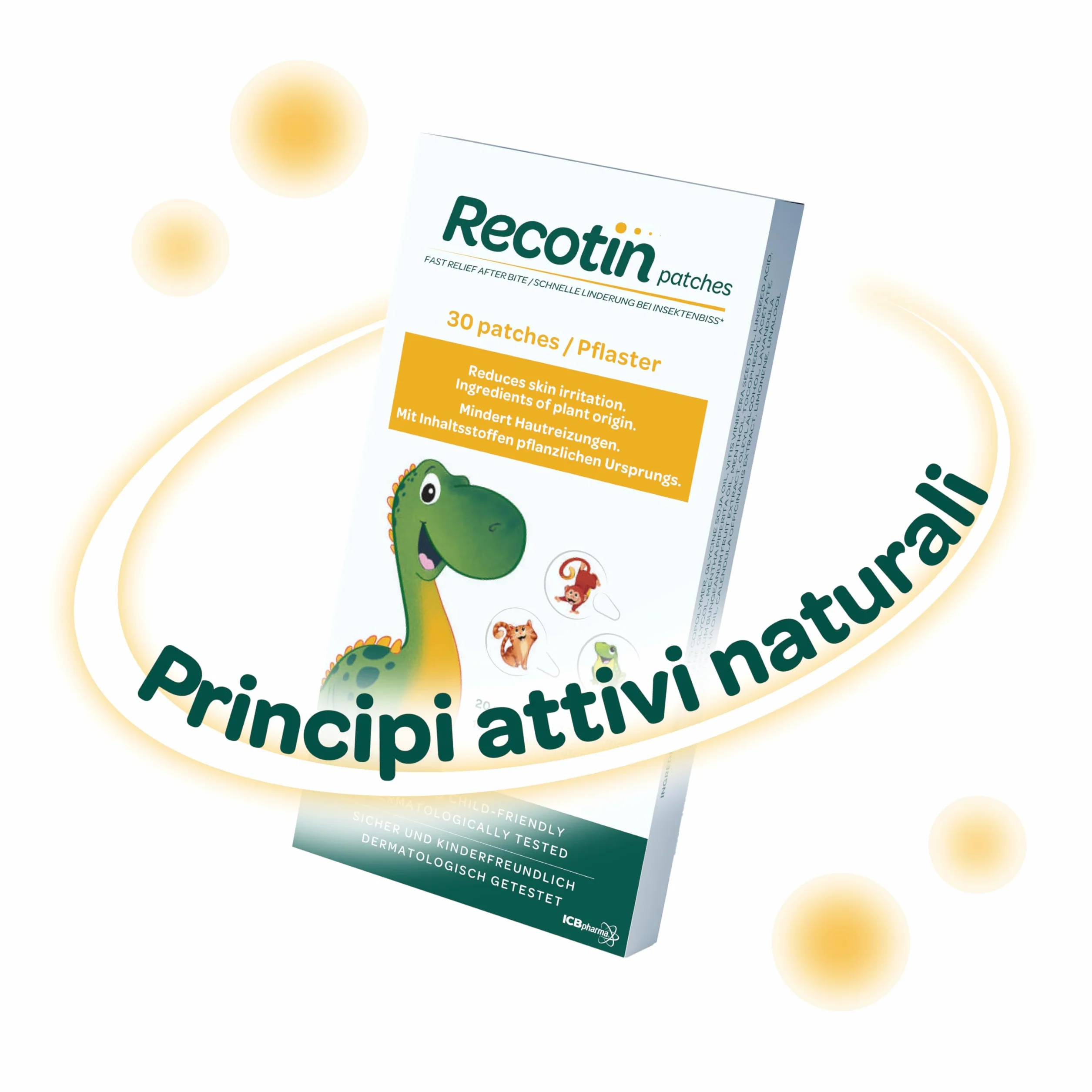 Cerotti Antizanzare RECOTIN 30 Pezzi - Ingredienti Naturali - 20x Motivo Animale, 10x Trasparenti