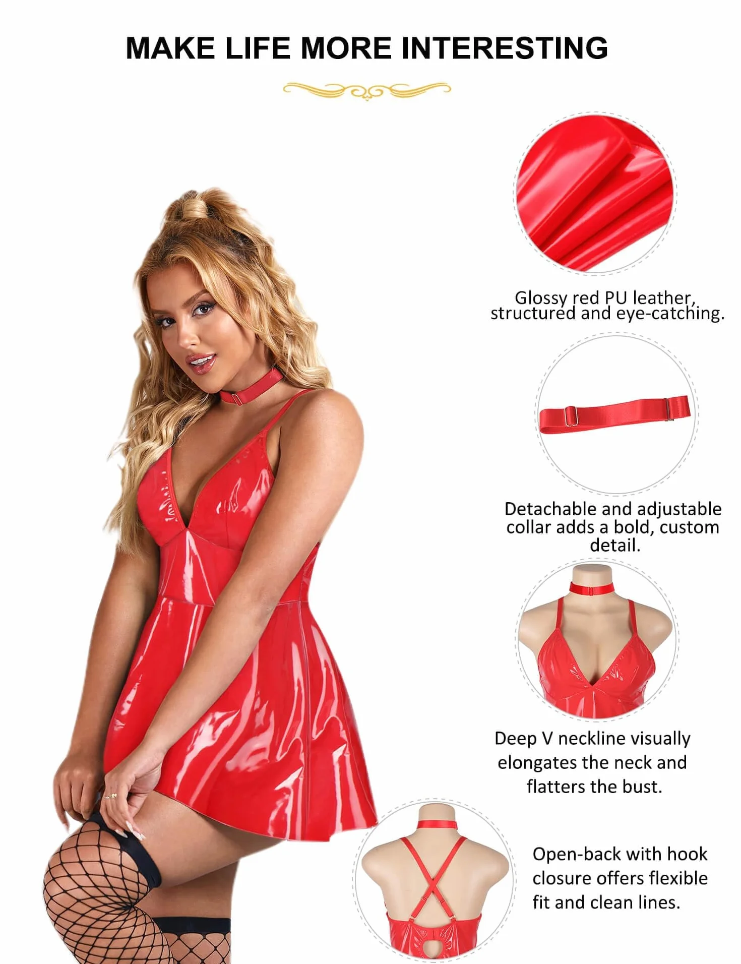 Abito Donna Curvy Sexy Corto PU Scollo V Lingerie Clubwear