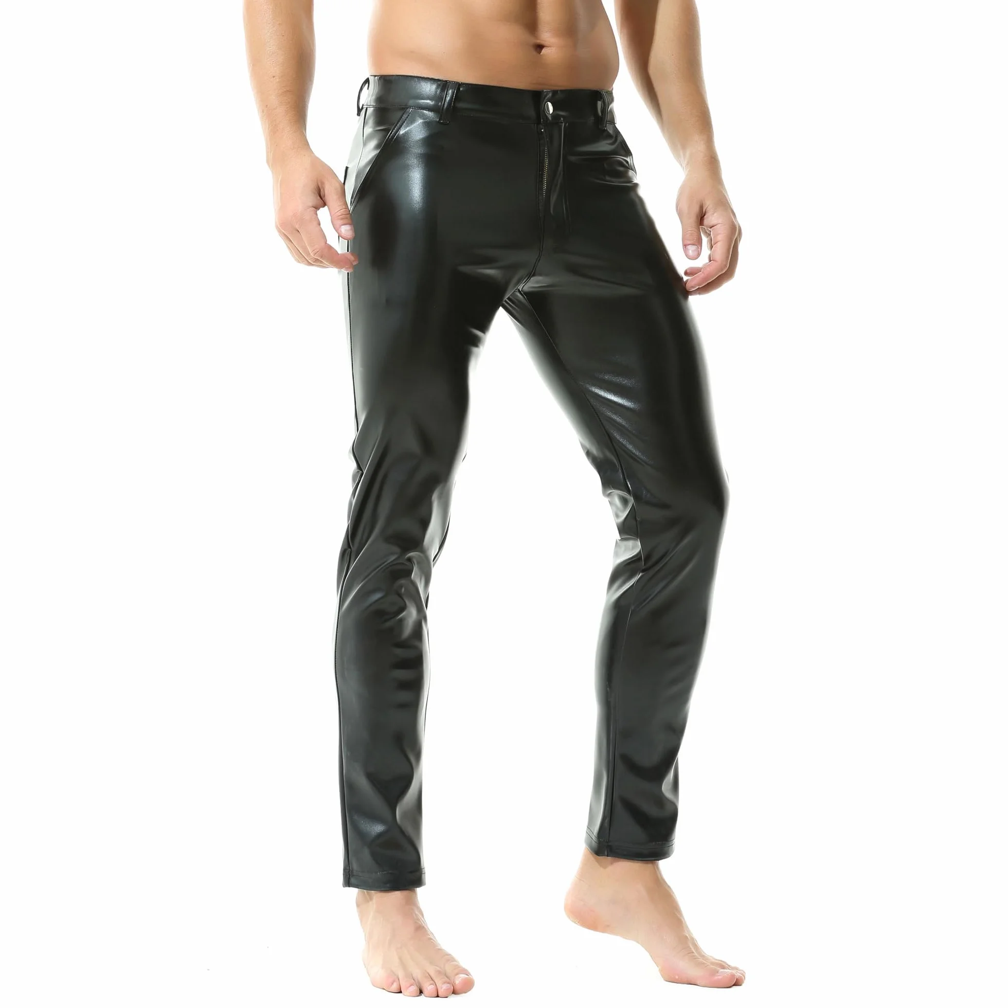 YUFEIDA Leggings da uomo PU ecopelle look bagnato pantaloni lunghi con chiusura lampo tasche moto cosplay danza, Nero, L