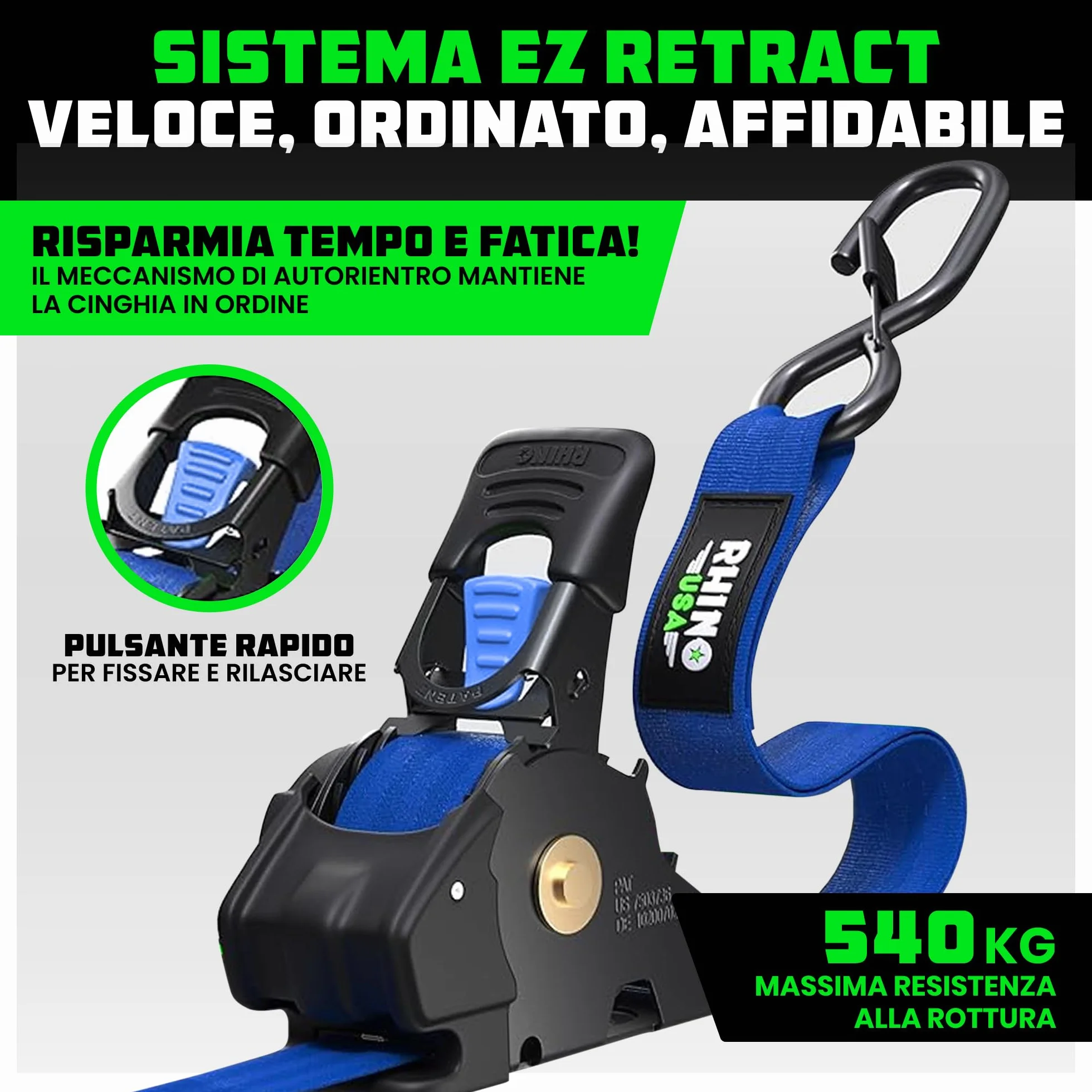 Rhino USA Cinghie a Cricchetto Retrattili 2.5cm x 3m 540kg Confezione da 2 Blu
