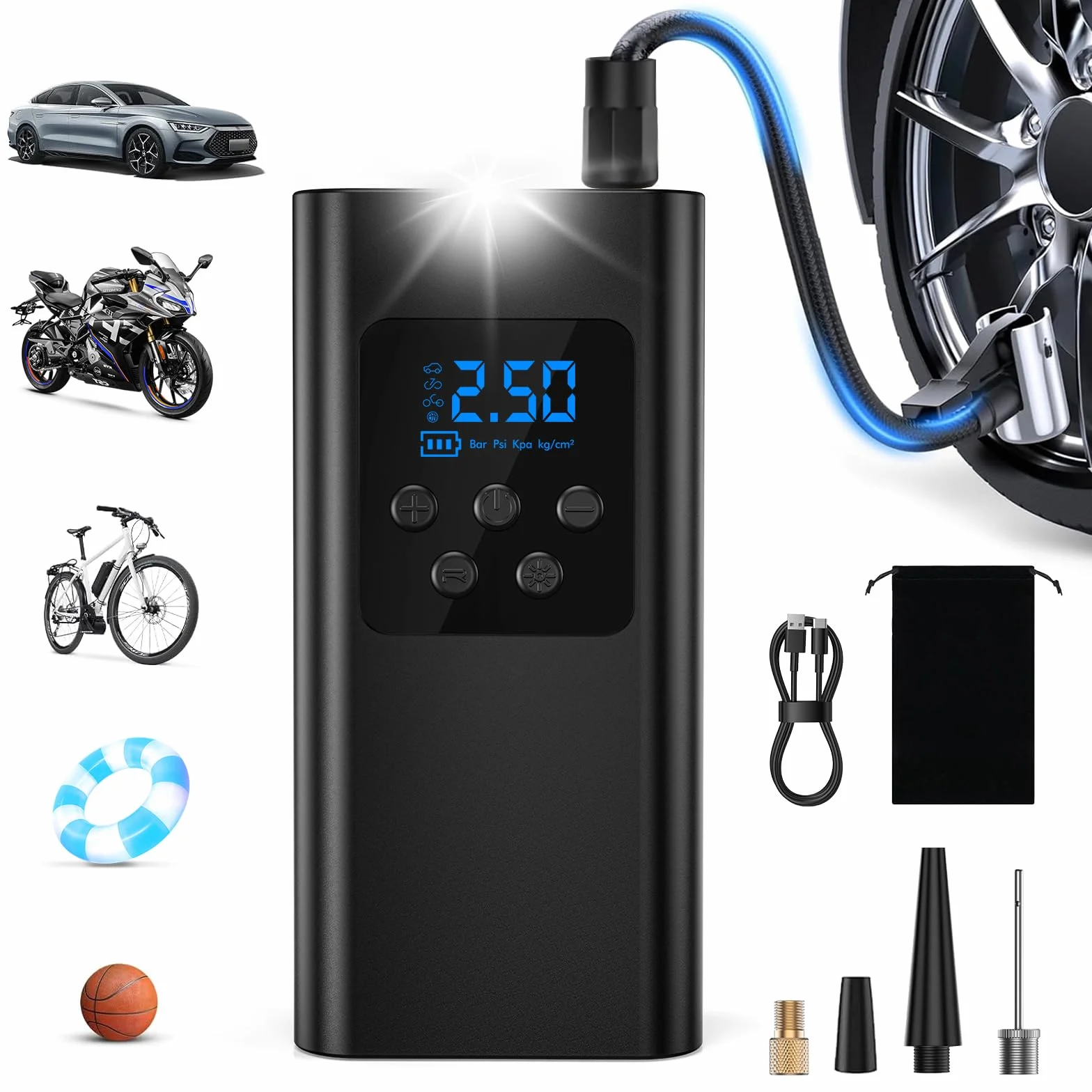 Compressore Aria Portatile 45L/min 6000mAh Batteria 4 Modalità Gonfiatore Elettrico LED