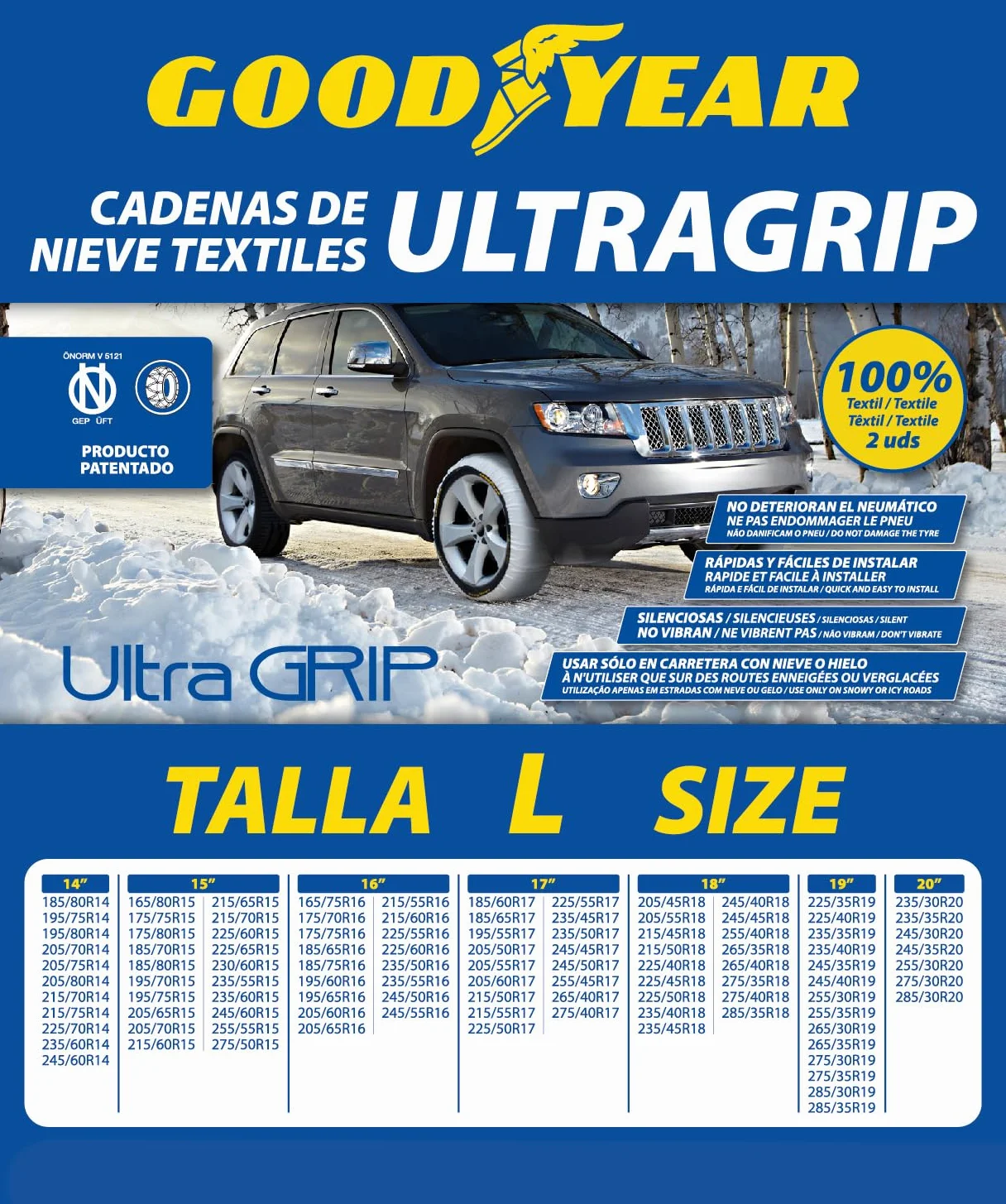 Goodyear Set di 2 Catene da Neve in Tessuto Ultra GRIP TAGLIA L per Auto R14-R20
