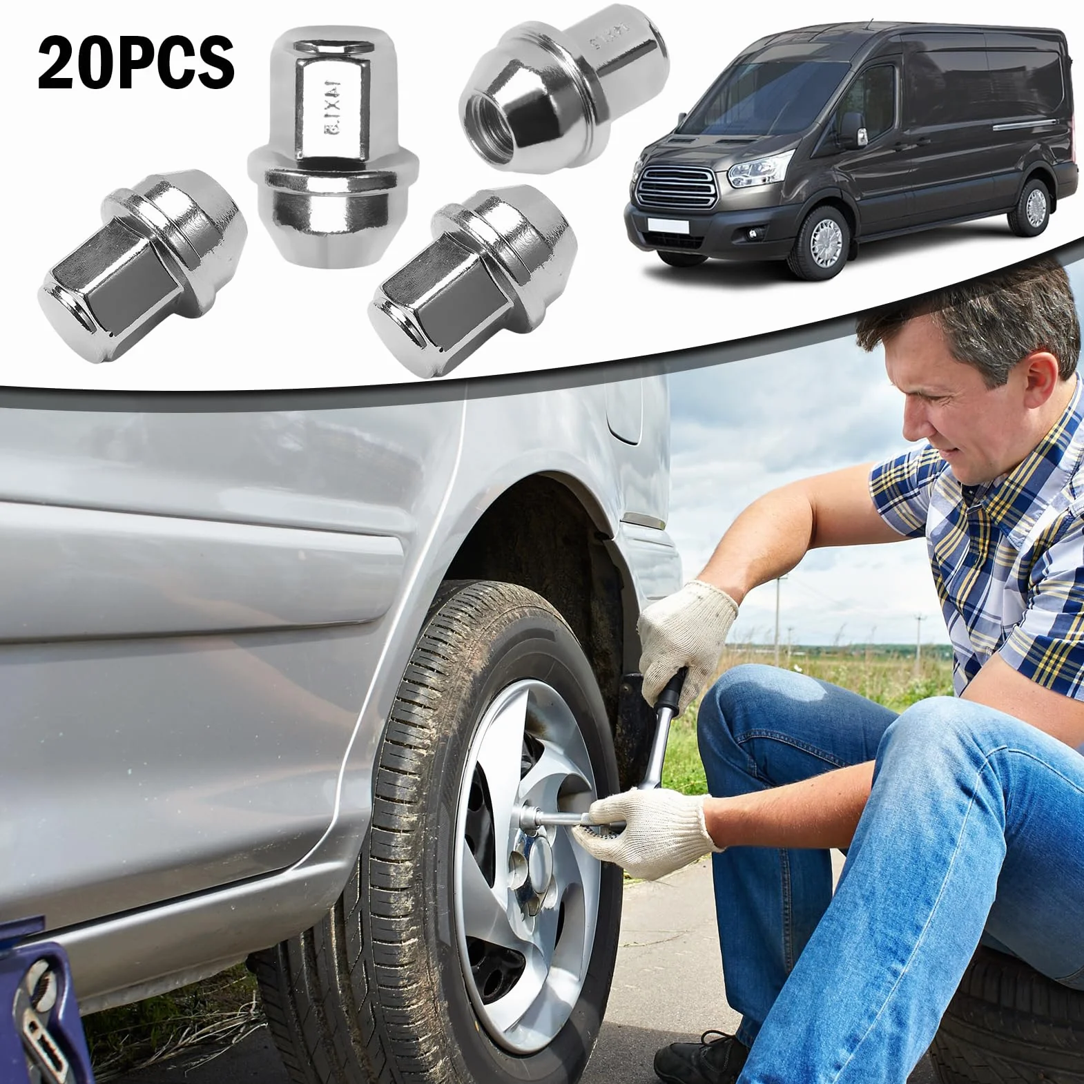 Set di 20 punte per ruota in acciaio inox M14 x 1,5 per Tourneo Transit Custom V362 V363 Bus Kasten. 5196786, 5644266, ACPZ-1012-B
