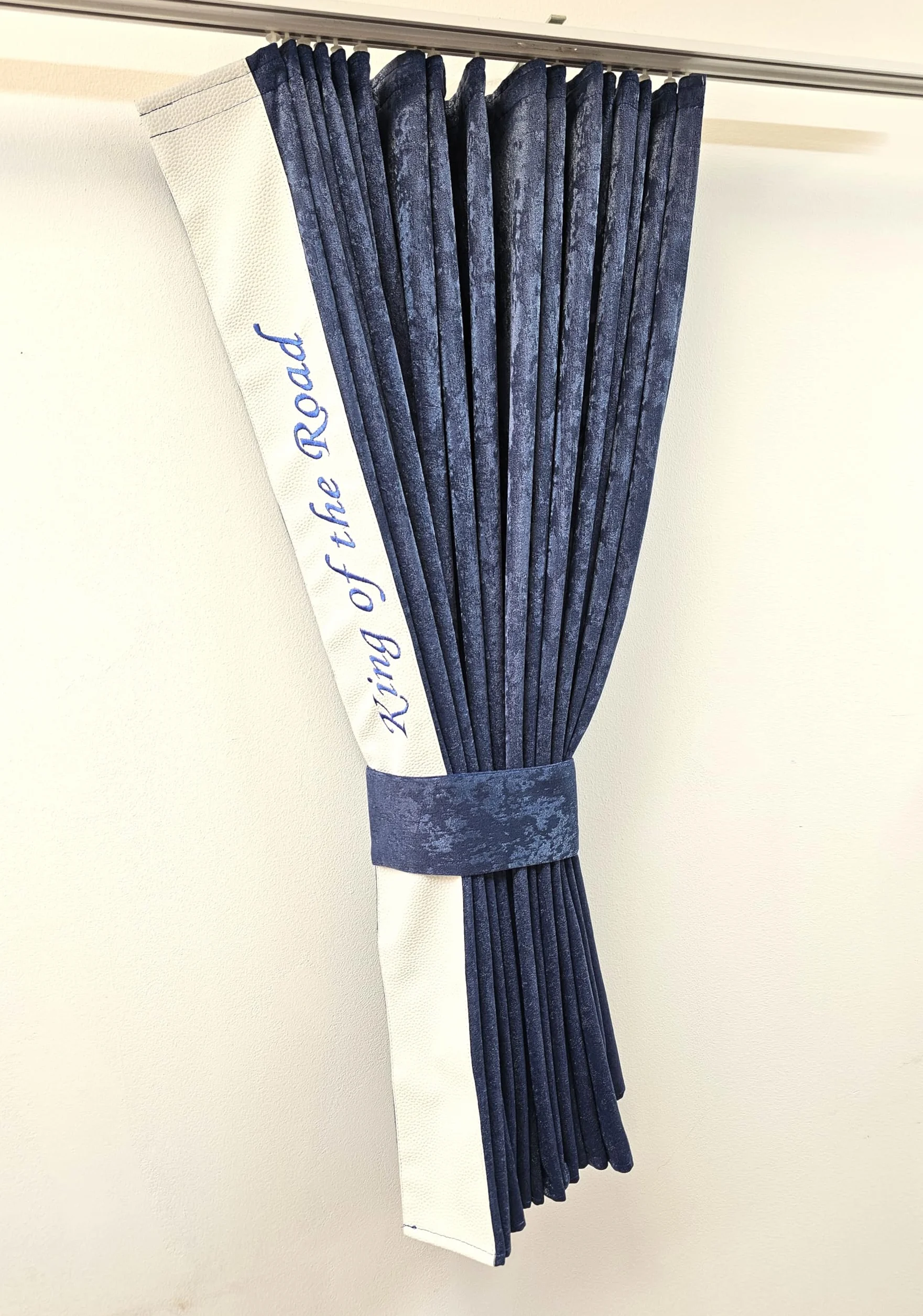 Tende di lusso per camion, tende in velluto con nappe, blu-bianco, taglia unica